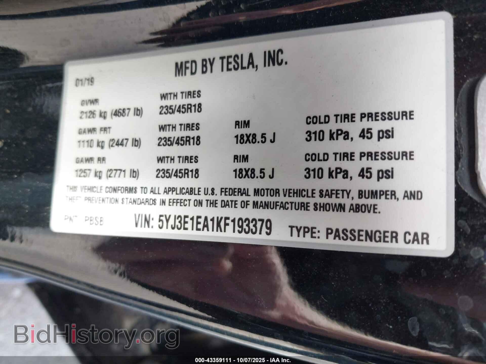 2019 TESLA MODEL 3 - VIN: 5YJ3E1EA1KF193379 - Фото 9