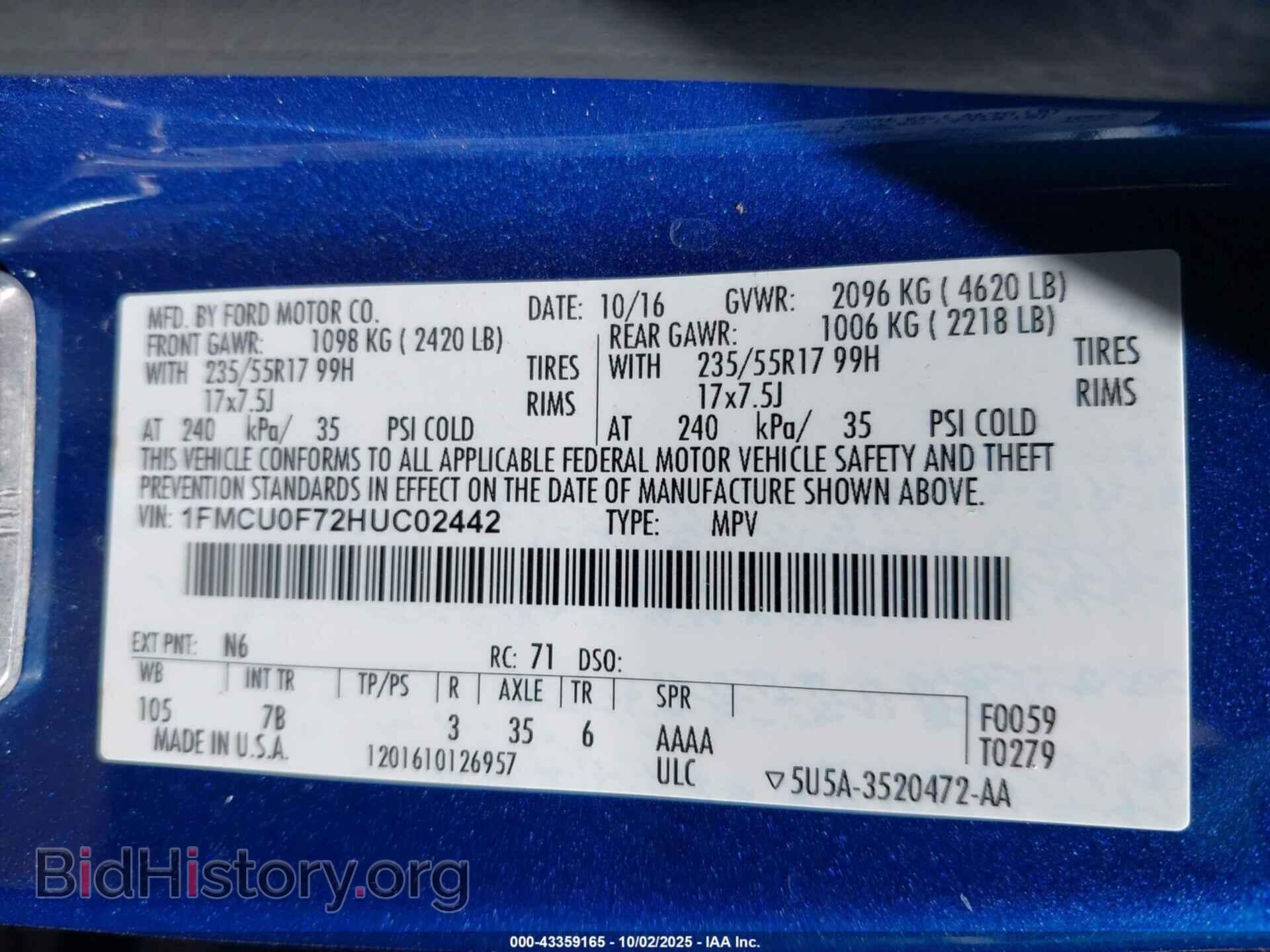 2017 FORD ESCAPE - VIN: 1FMCU0F72HUC02442 - Фото 9