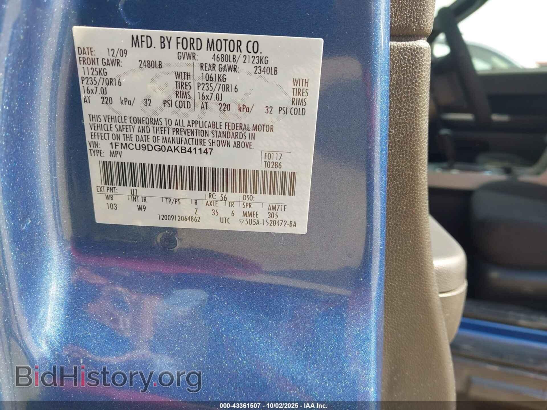 2010 FORD ESCAPE - VIN: 1FMCU9DG0AKB41147 - Фото 9