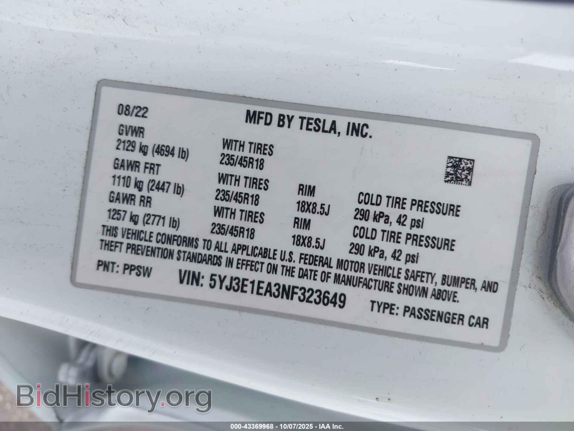2022 TESLA MODEL 3 - VIN: 5YJ3E1EA3NF323649 - Фото 9