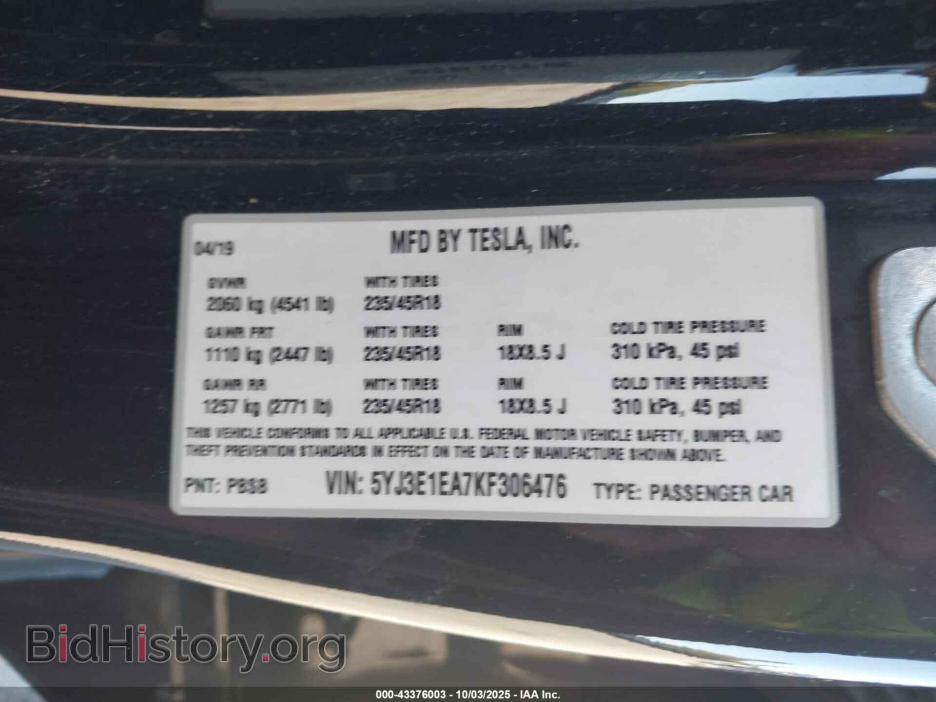 2019 TESLA MODEL 3 - VIN: 5YJ3E1EA7KF306476 - Фото 9