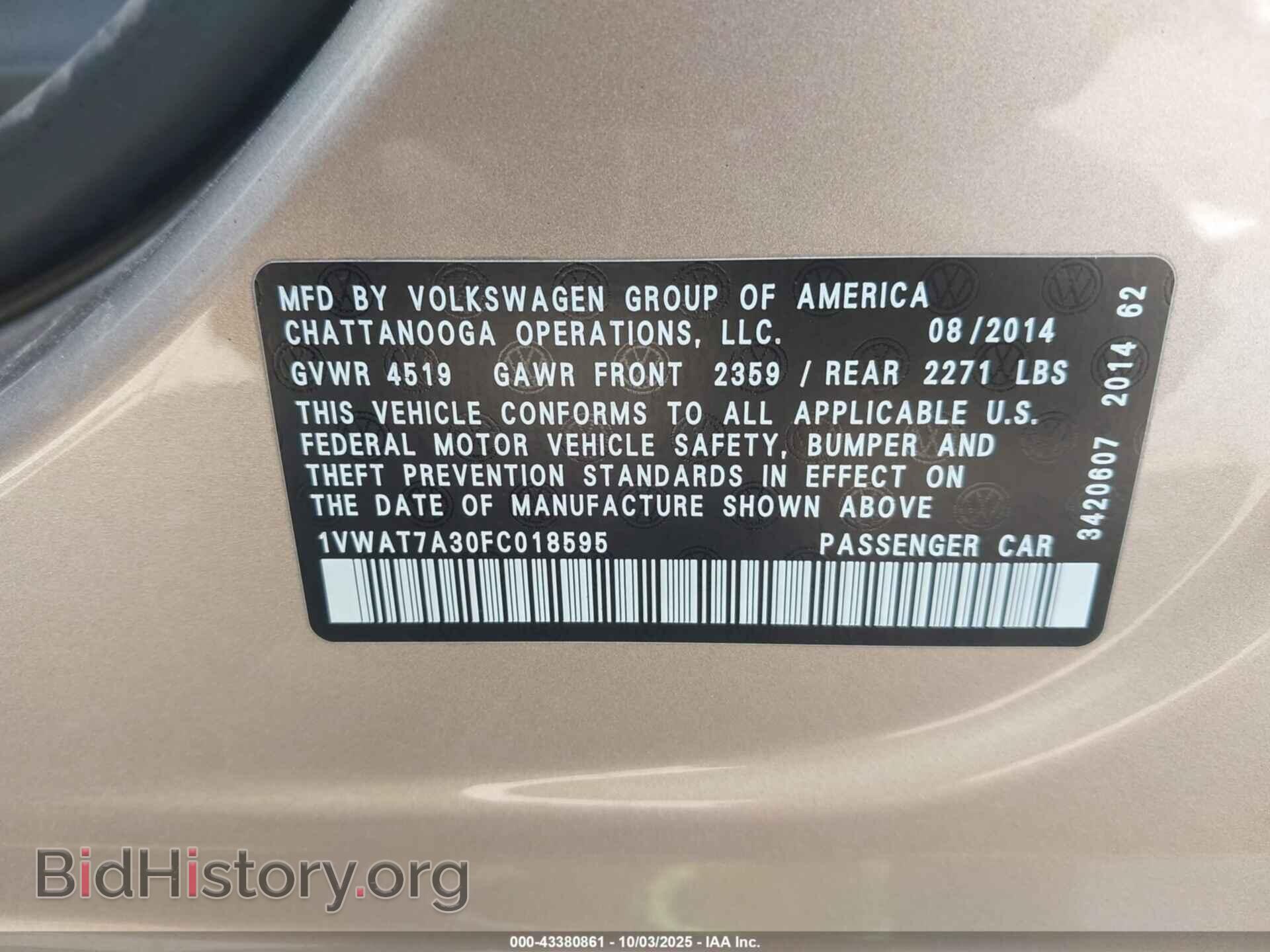 2015 VOLKSWAGEN PASSAT - VIN: 1VWAT7A30FC018595 - Фото 9