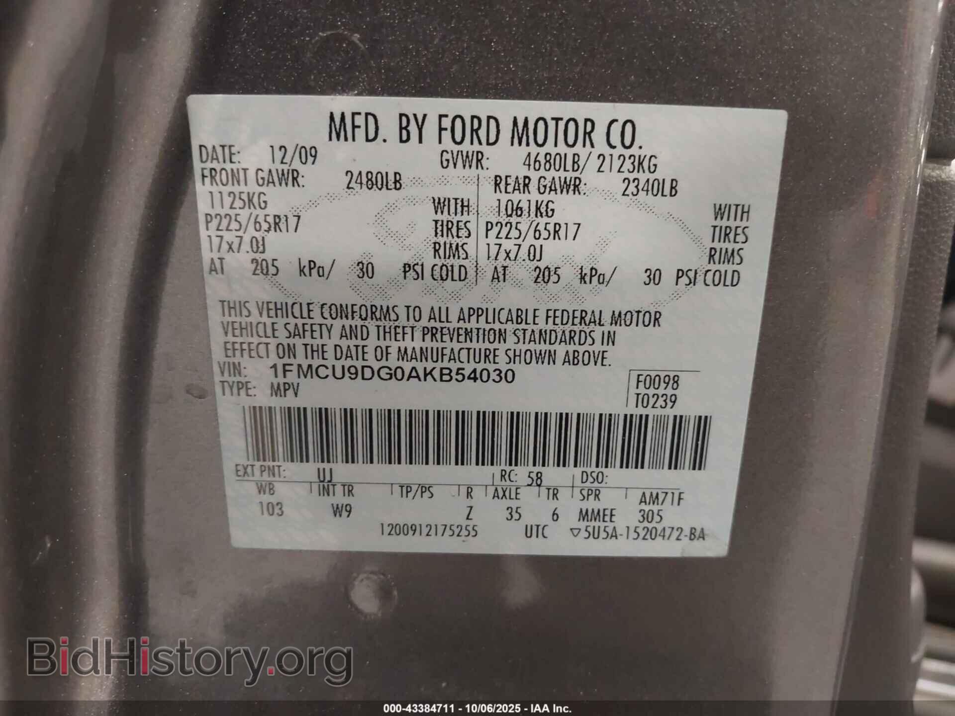 2010 FORD ESCAPE - VIN: 1FMCU9DG0AKB54030 - Фото 9