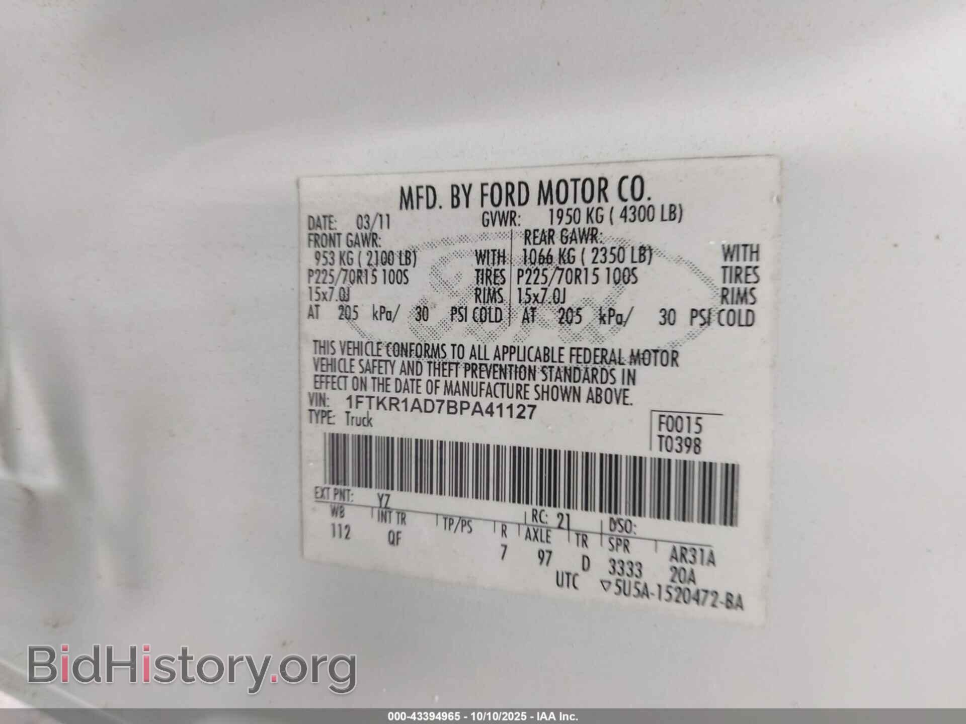 2011 FORD RANGER - VIN: 1FTKR1AD7BPA41127 - Фото 9