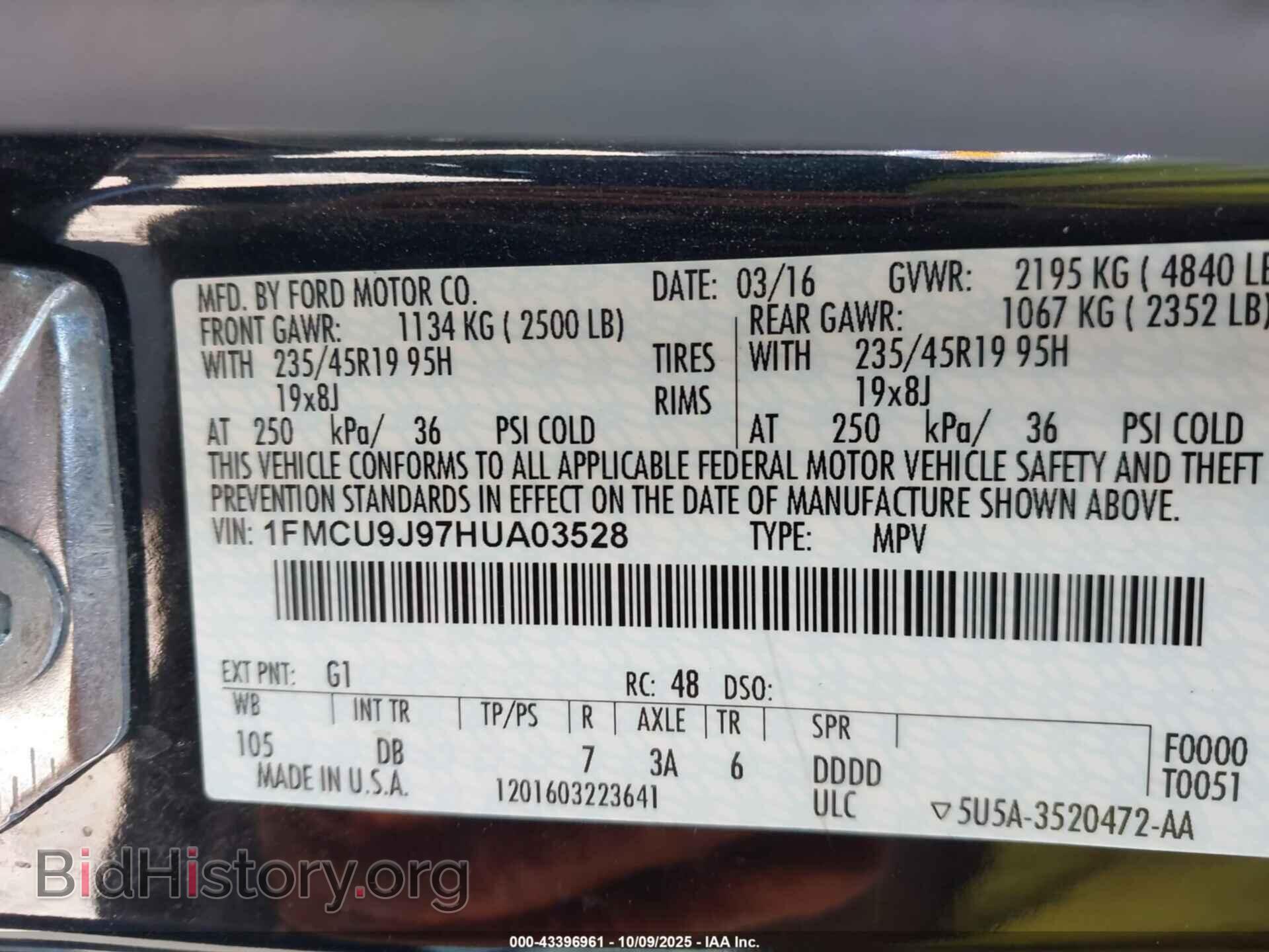 2017 FORD ESCAPE - VIN: 1FMCU9J97HUA03528 - Фото 9