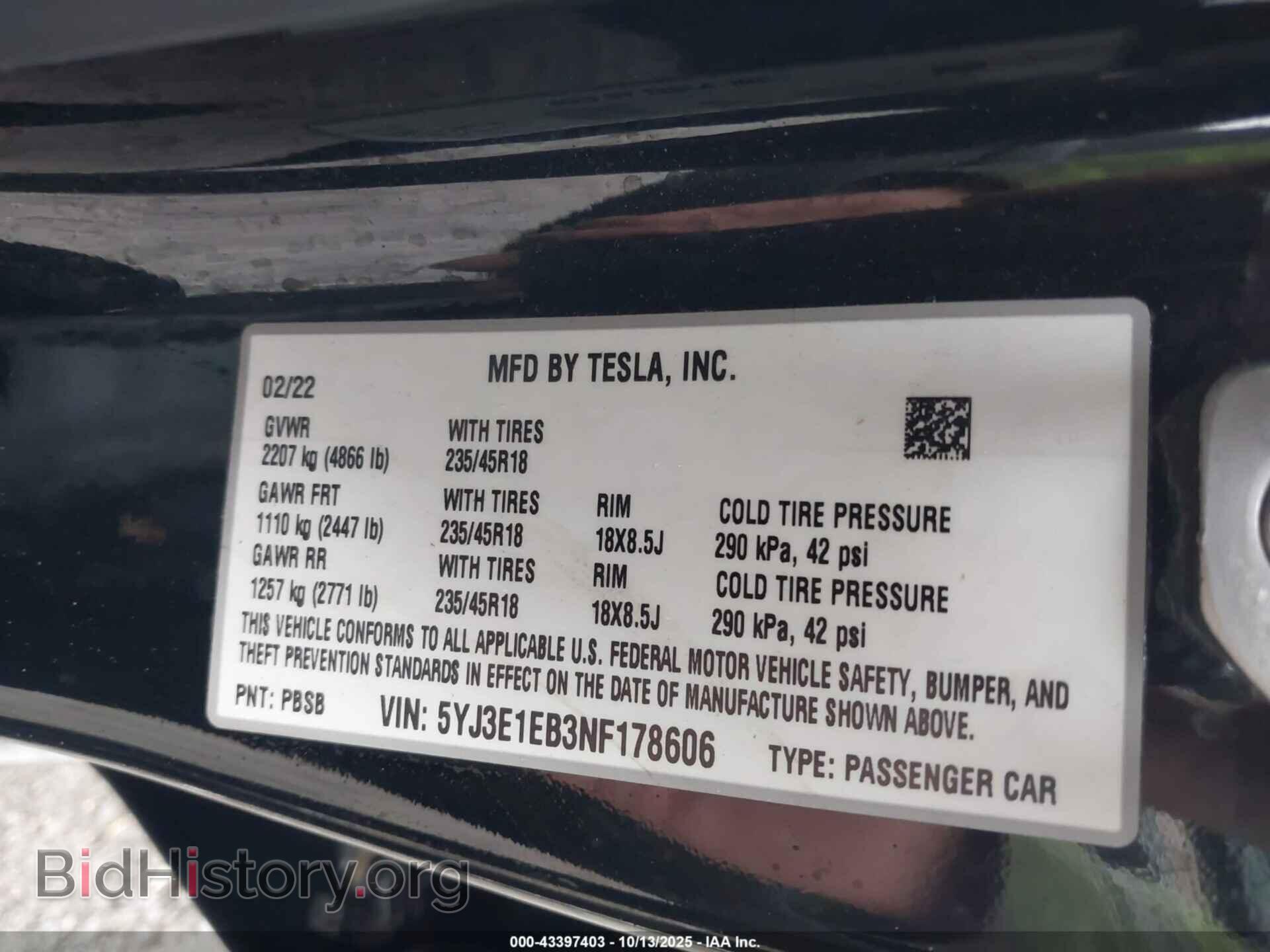 2022 TESLA MODEL 3 - VIN: 5YJ3E1EB3NF178606 - Фото 9