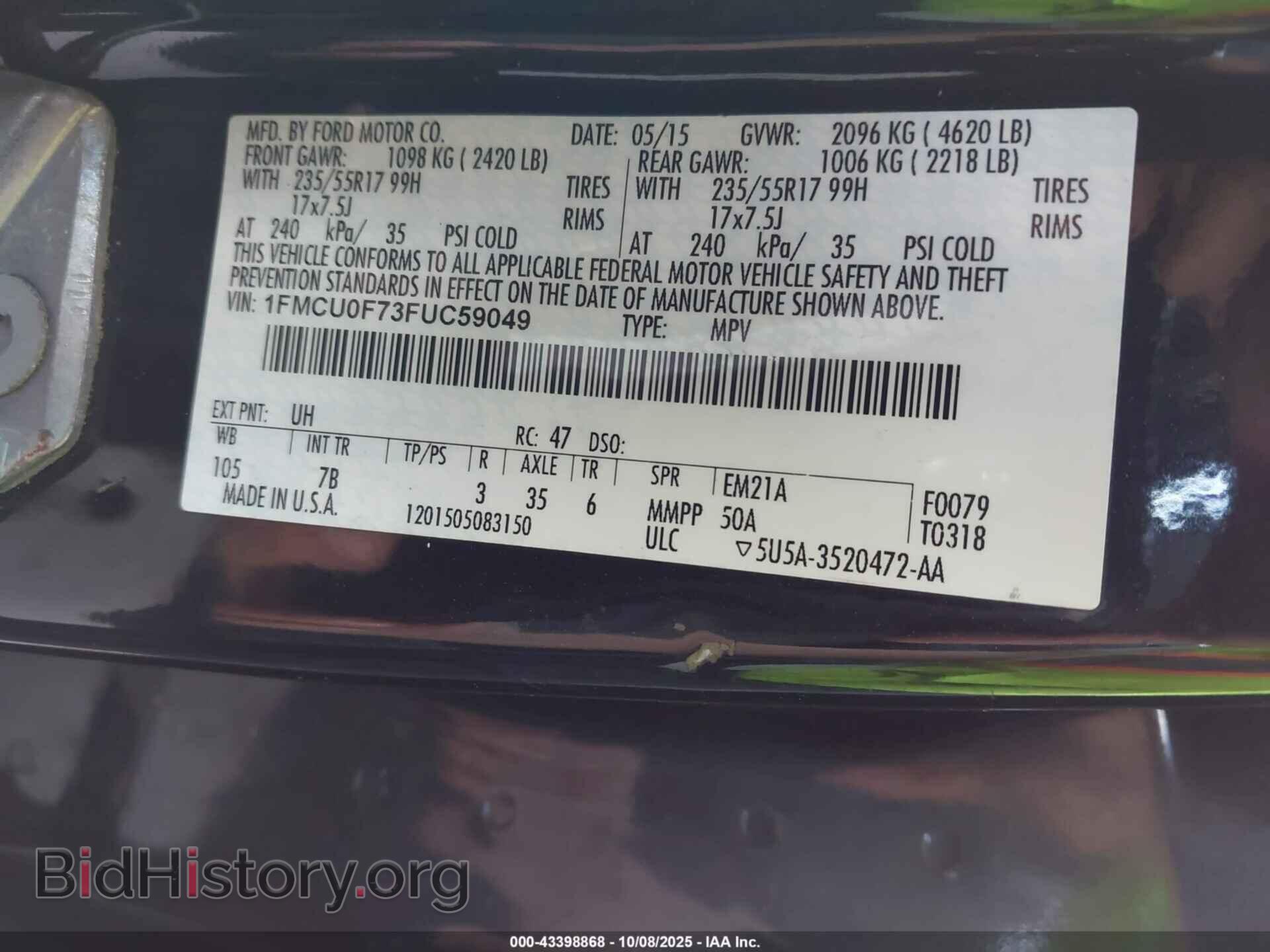 2015 FORD ESCAPE - VIN: 1FMCU0F73FUC59049 - Фото 9