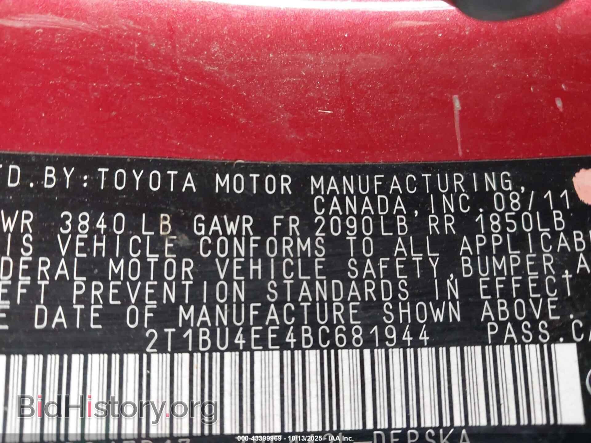 2011 TOYOTA COROLLA - VIN: 2T1BU4EE4BC681944 - Фото 9