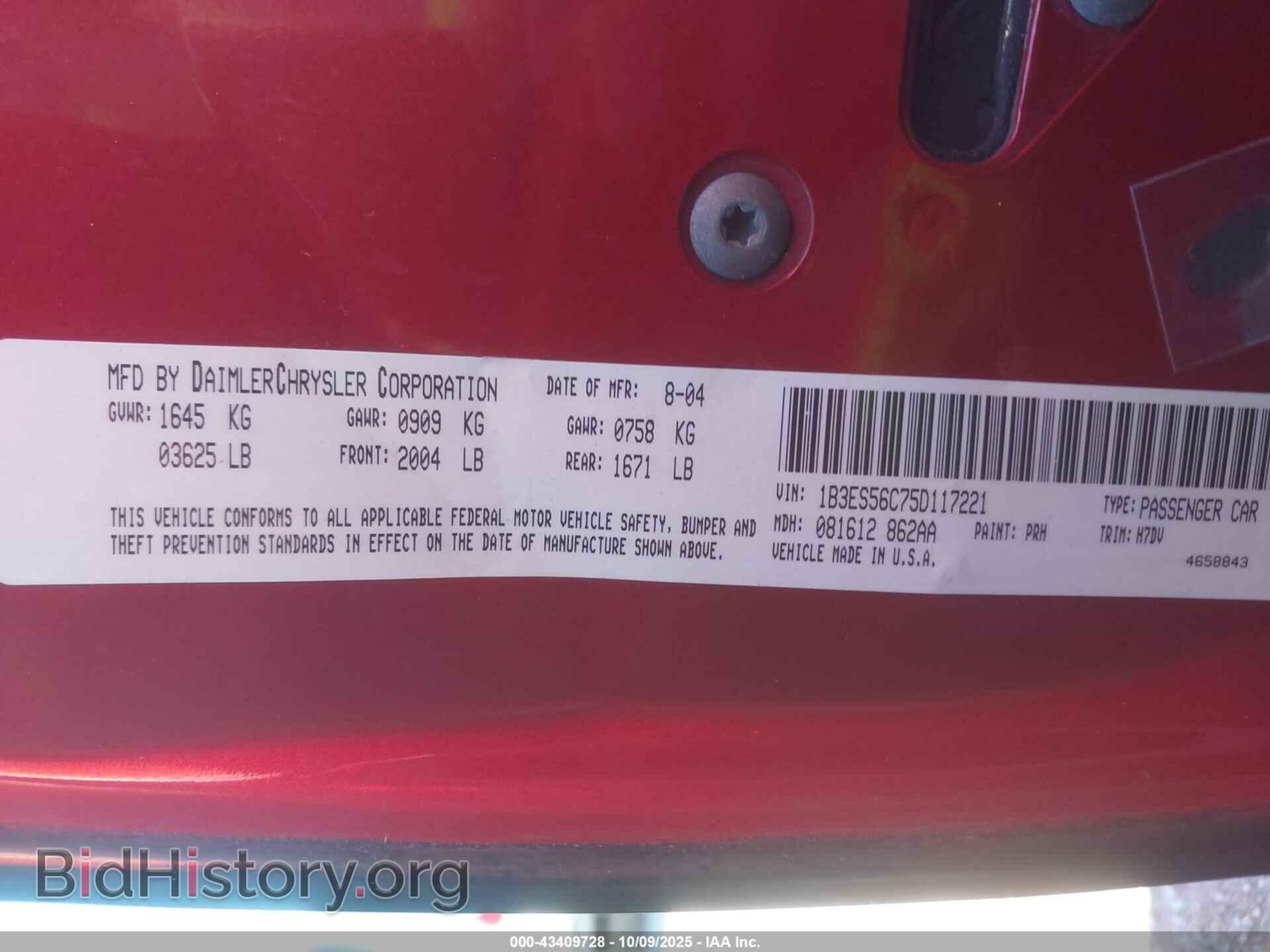 2005 DODGE NEON - VIN: 1B3ES56C75D117221 - Фото 9