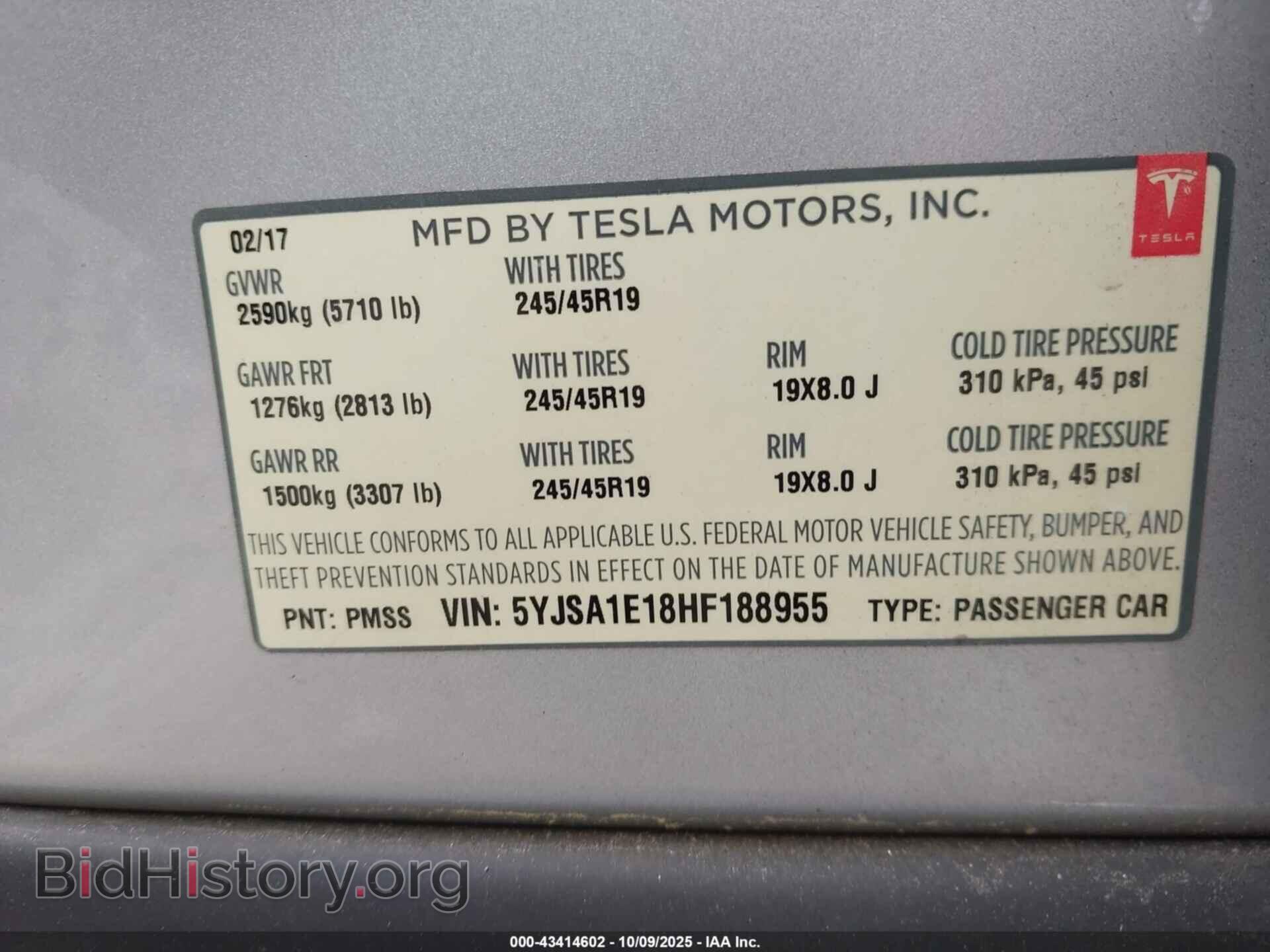 2017 TESLA MODEL S - VIN: 5YJSA1E18HF188955 - Фото 9