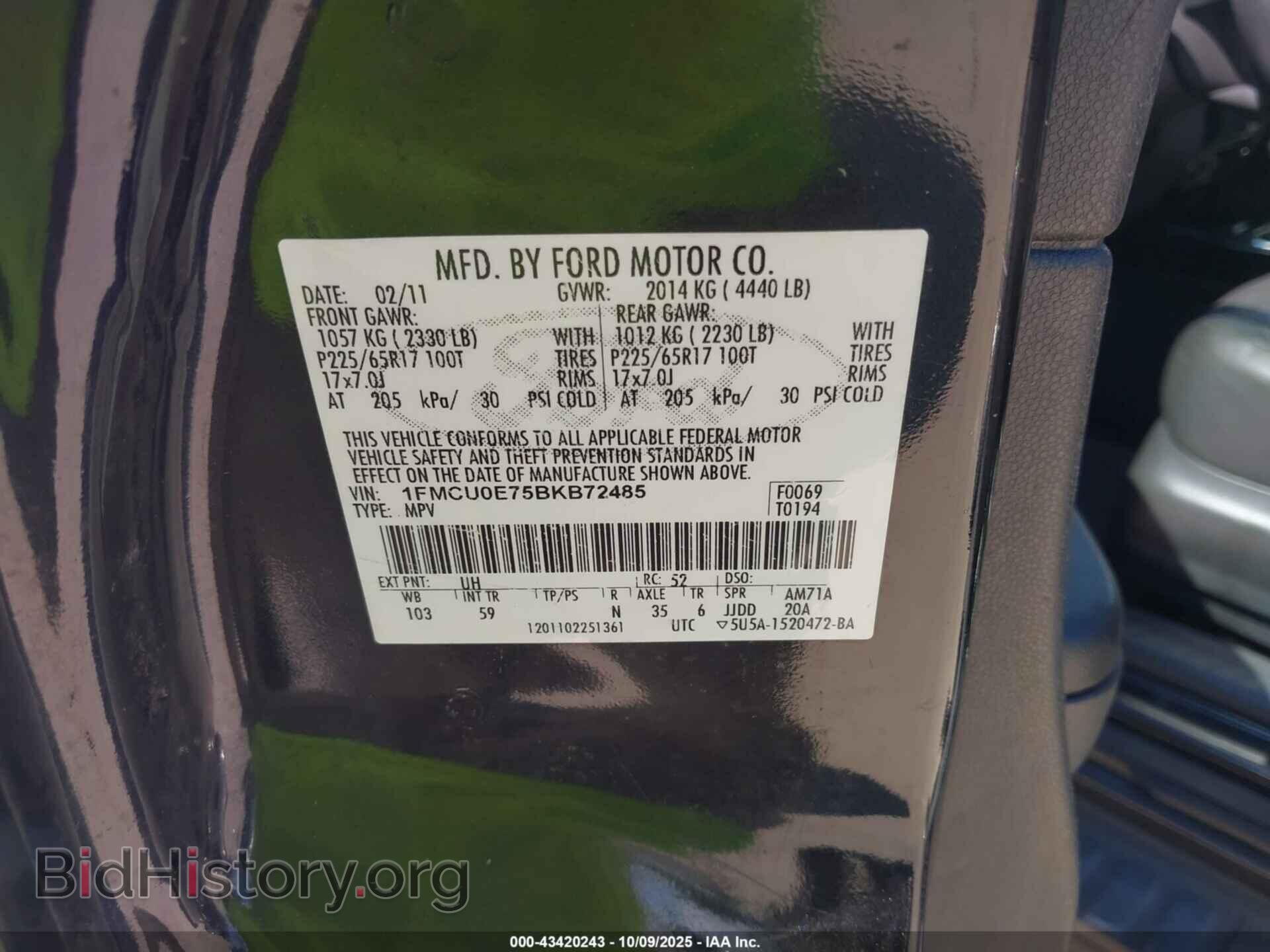 2011 FORD ESCAPE - VIN: 1FMCU0E75BKB72485 - Фото 9