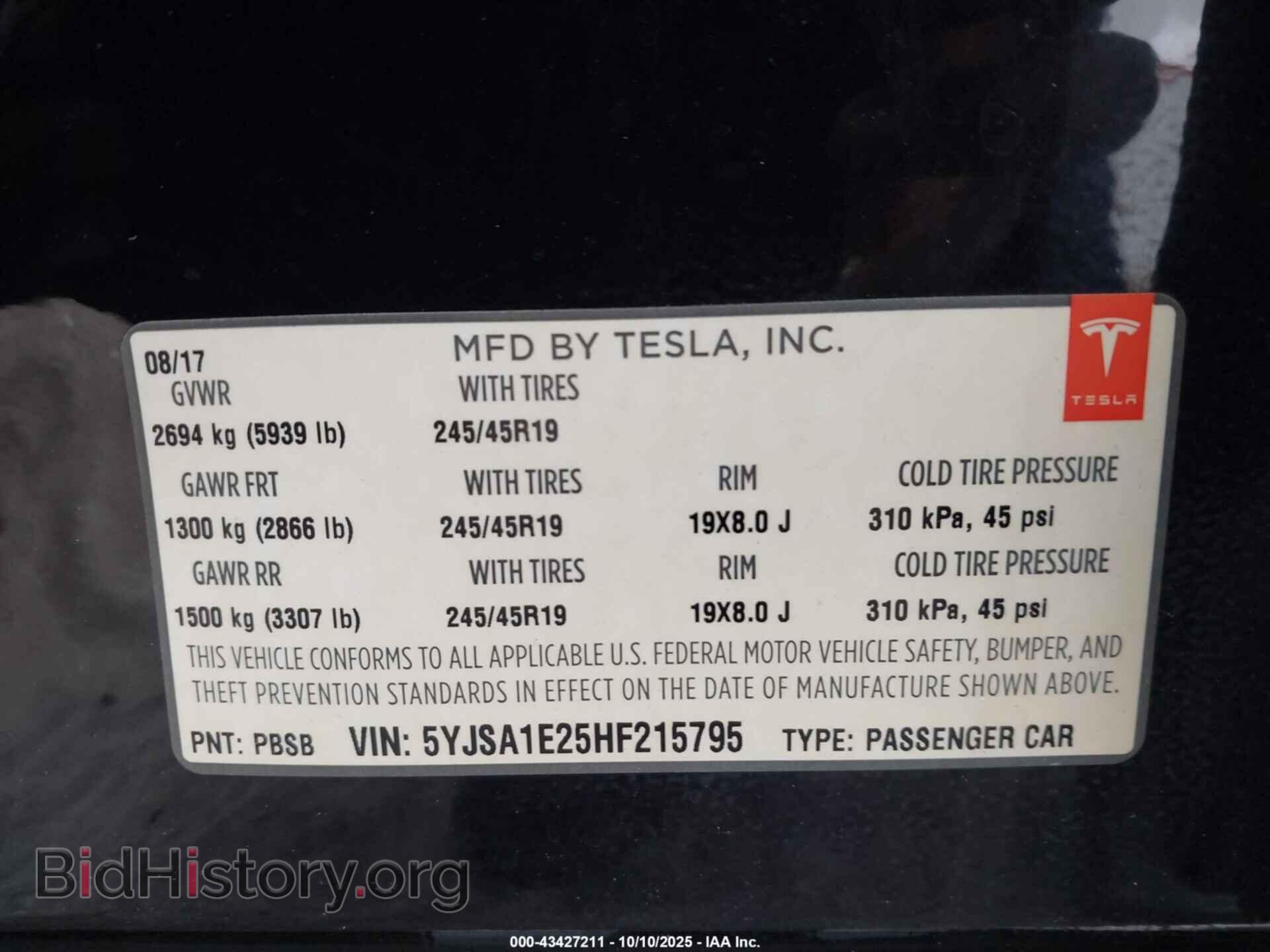 2017 TESLA MODEL S - VIN: 5YJSA1E25HF215795 - Фото 9