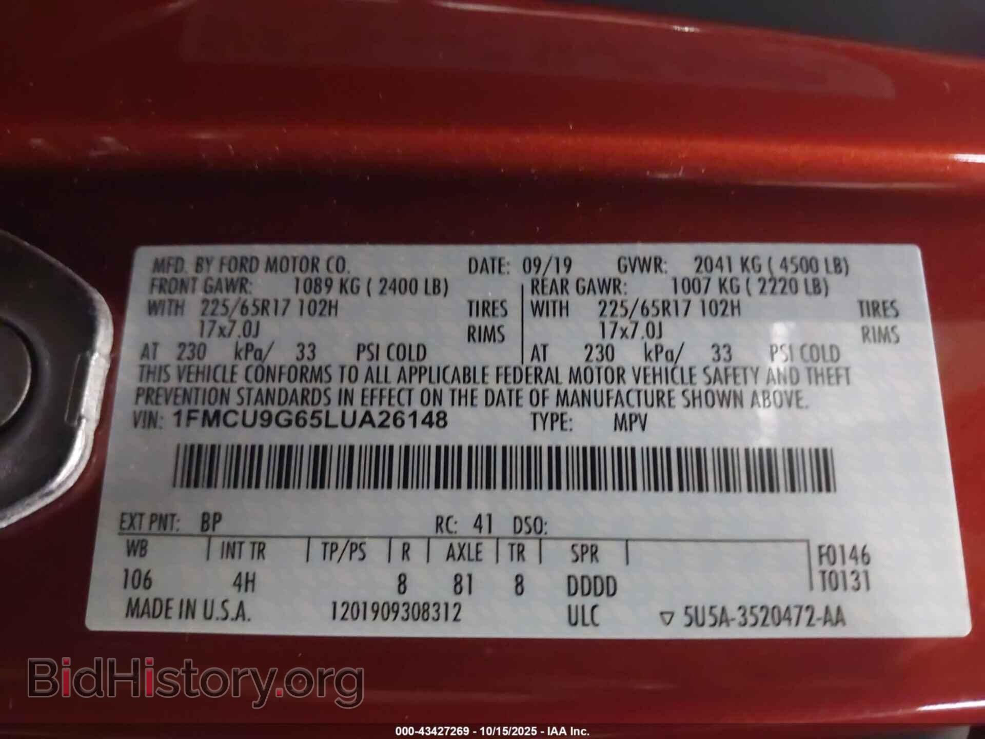 2020 FORD ESCAPE - VIN: 1FMCU9G65LUA26148 - Фото 9