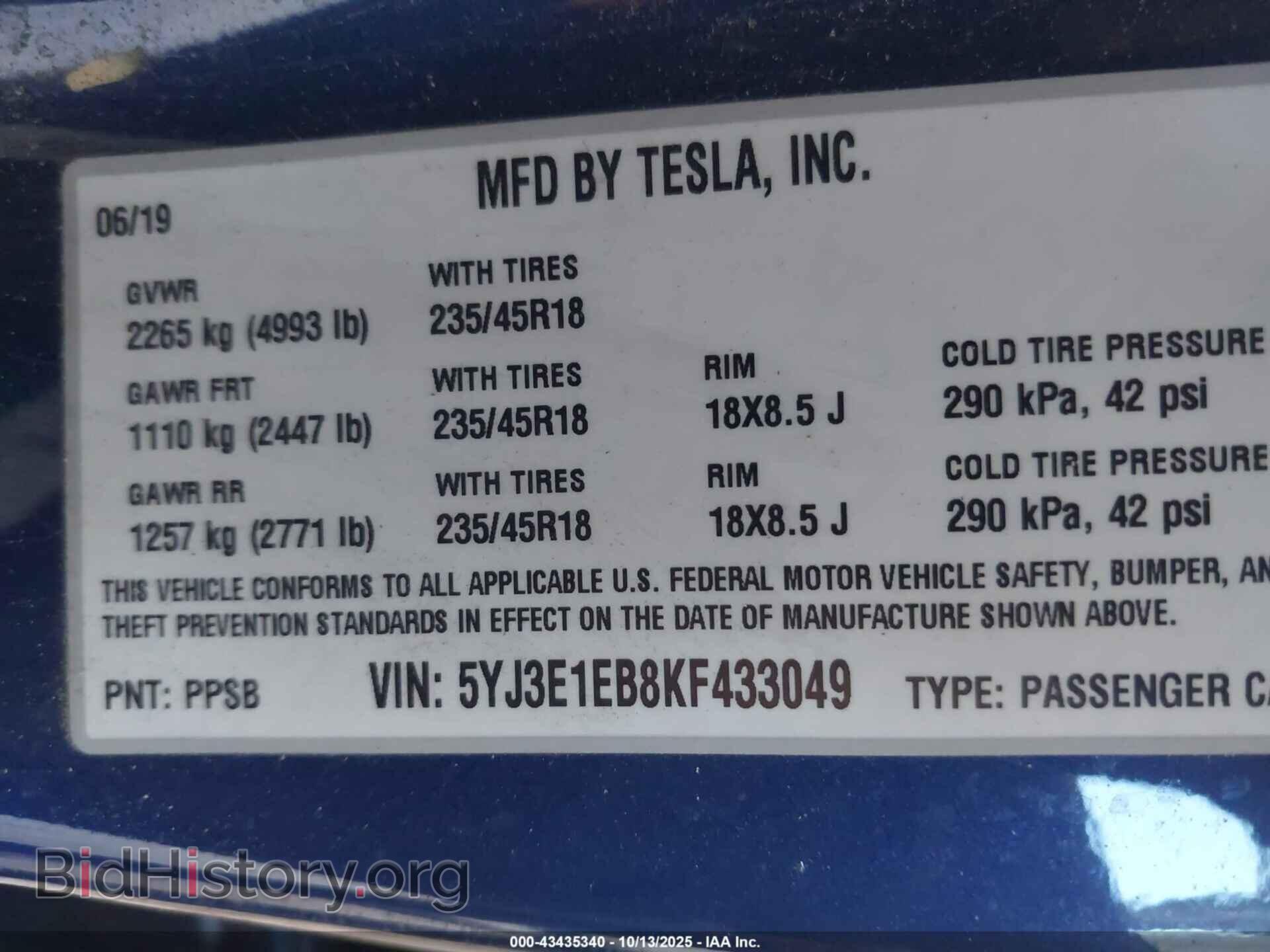 2019 TESLA MODEL 3 - VIN: 5YJ3E1EB8KF433049 - Фото 9