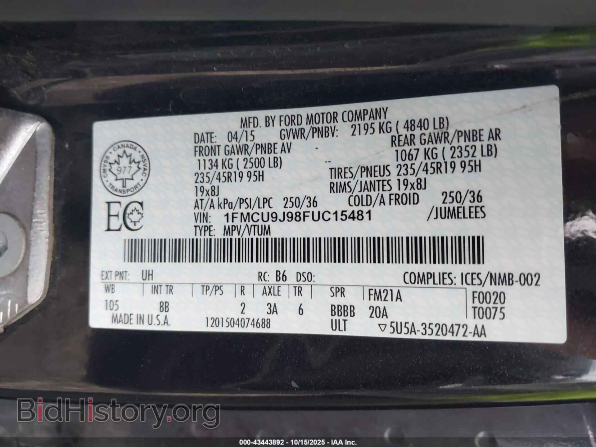 2015 FORD ESCAPE - VIN: 1FMCU9J98FUC15481 - Фото 9