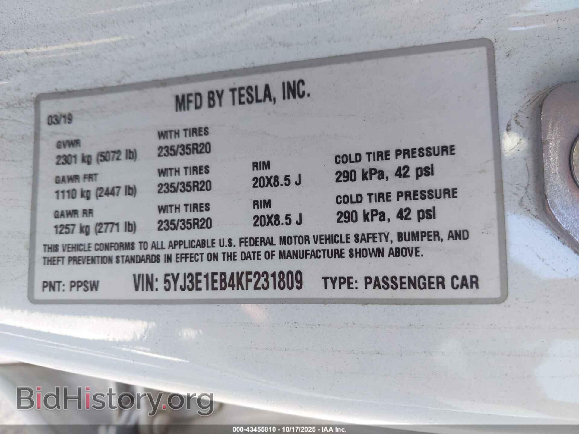 2019 TESLA MODEL 3 - VIN: 5YJ3E1EB4KF231809 - Фото 9