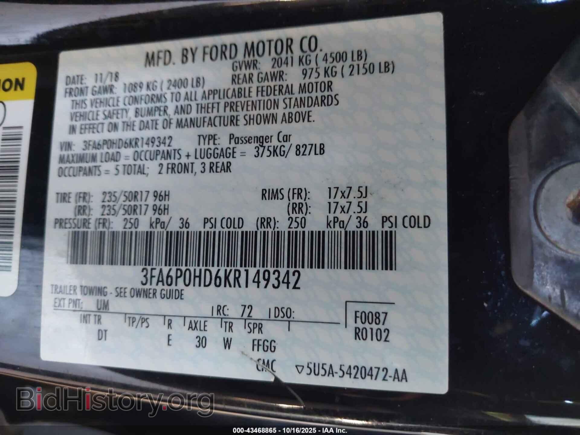 2019 FORD FUSION - VIN: 3FA6P0HD6KR149342 - Фото 9