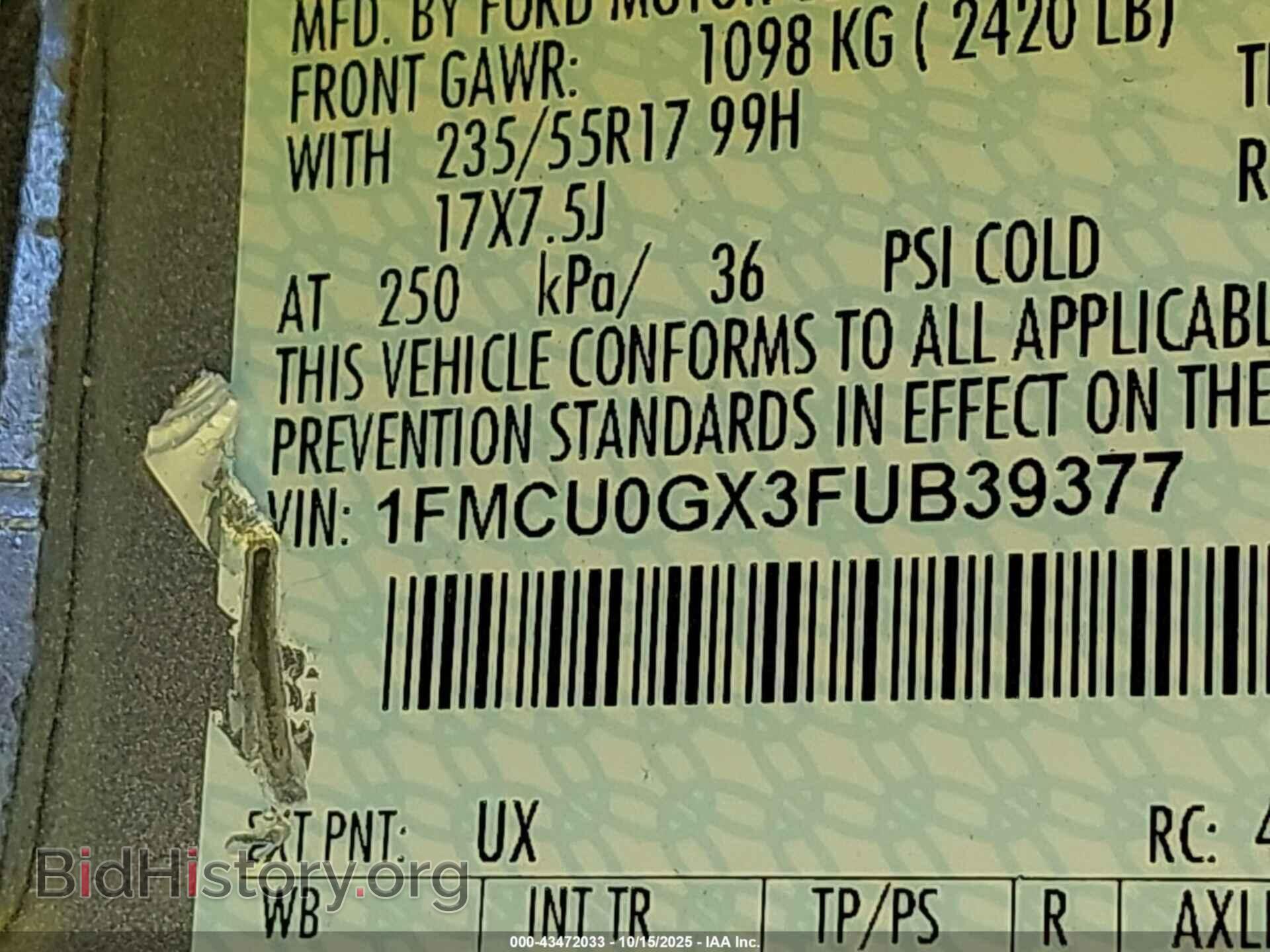 2015 FORD ESCAPE - VIN: 1FMCU0GX3FUB39377 - Фото 9