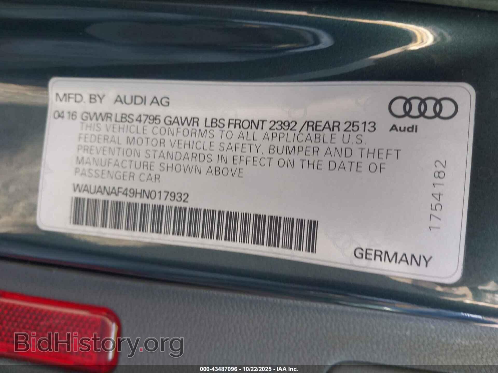 2017 AUDI A4 - VIN: WAUANAF49HN017932 - Фото 9
