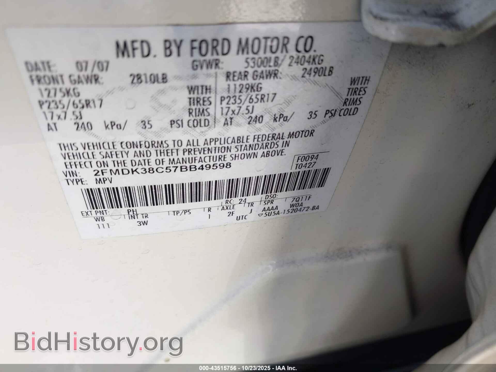 2007 FORD EDGE - VIN: 2FMDK38C57BB49598 - Photo 9