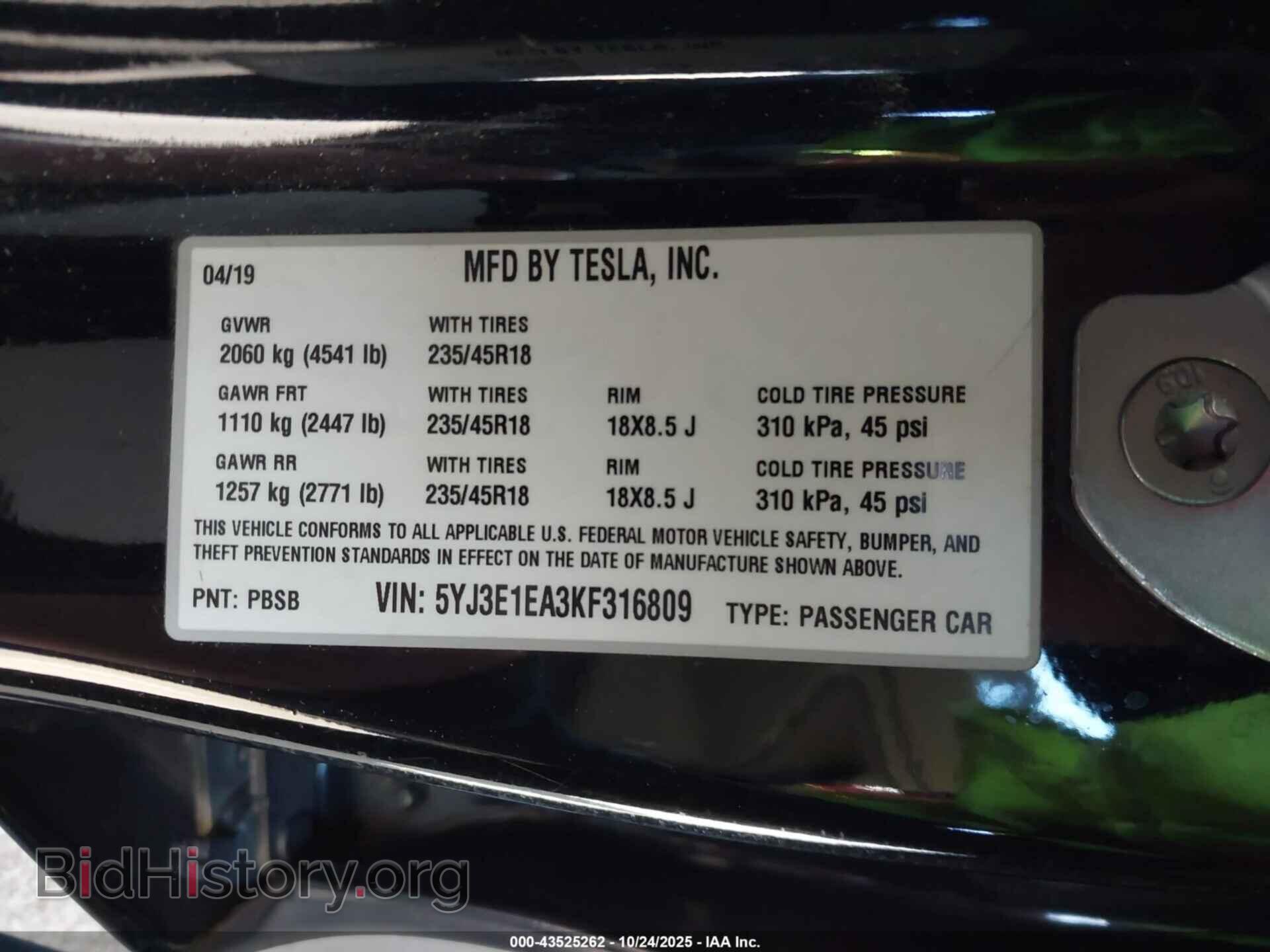 2019 TESLA MODEL 3 - VIN: 5YJ3E1EA3KF316809 - Фото 9