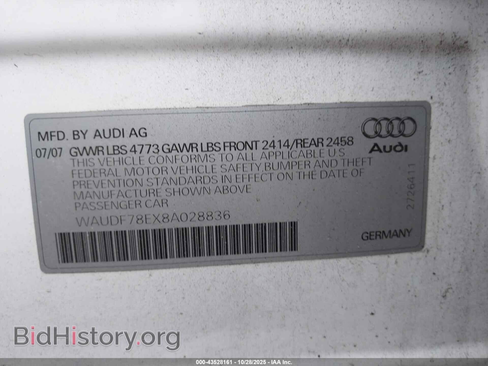 2008 AUDI A4 - VIN: WAUDF78EX8A028836 - Фото 9