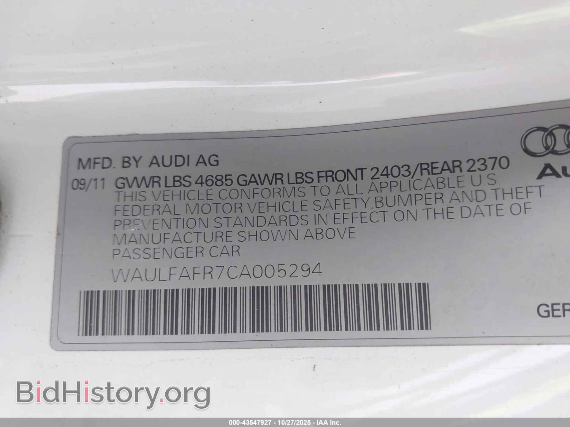 2012 AUDI A5 - VIN: WAULFAFR7CA005294 - Фото 9