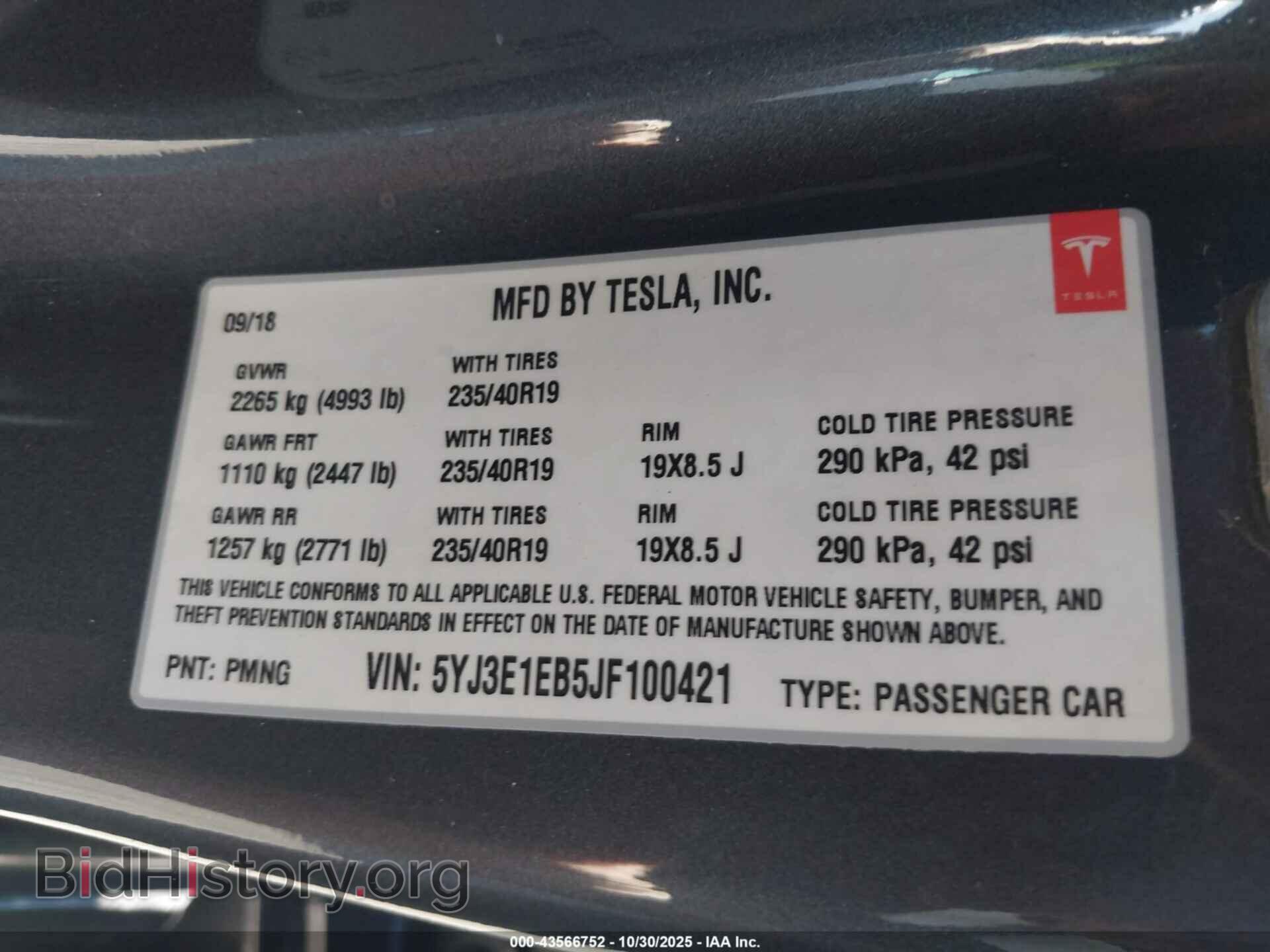 2018 TESLA MODEL 3 - VIN: 5YJ3E1EB5JF100421 - Фото 9