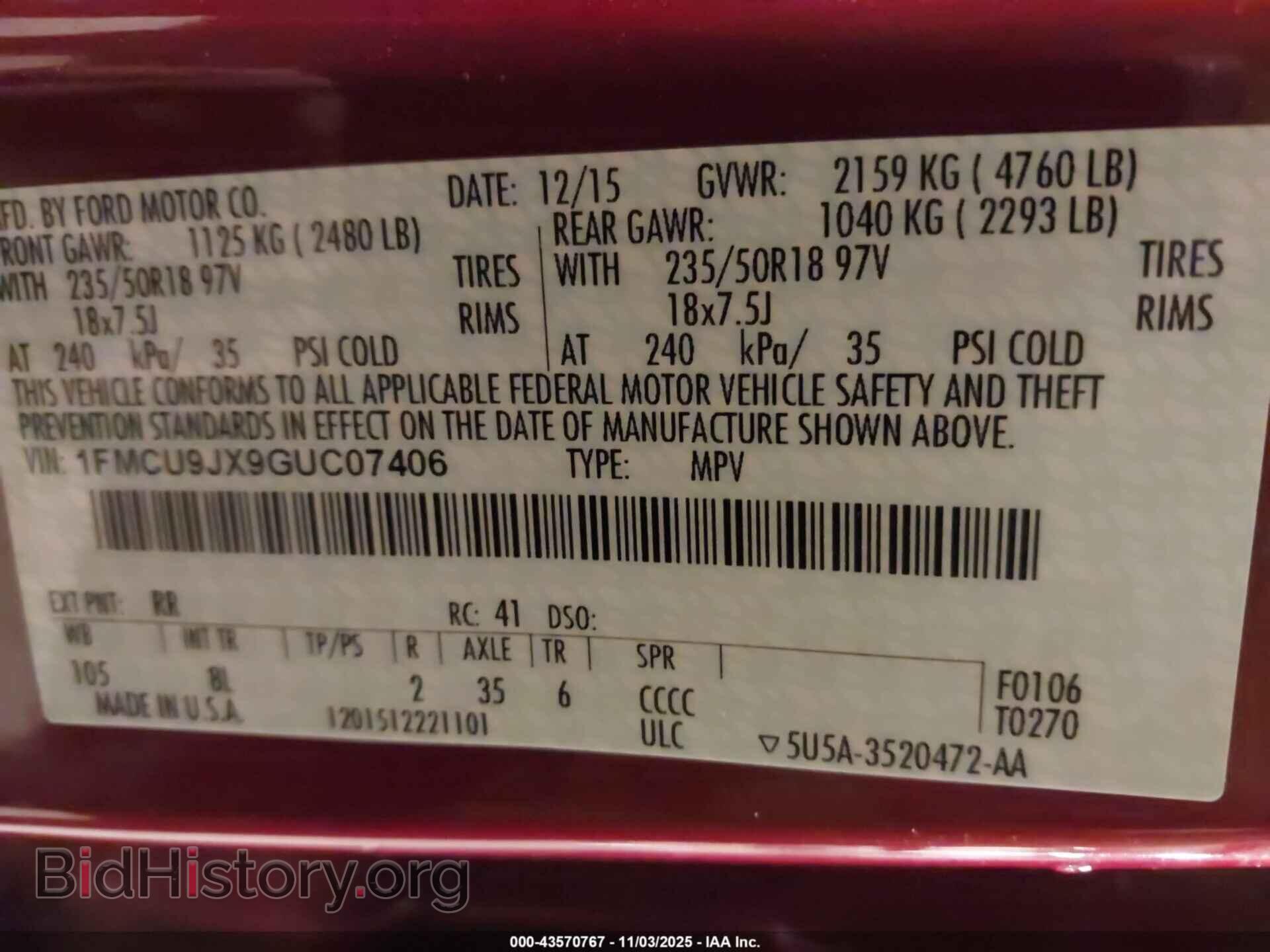 2016 FORD ESCAPE - VIN: 1FMCU9JX9GUC07406 - Фото 9