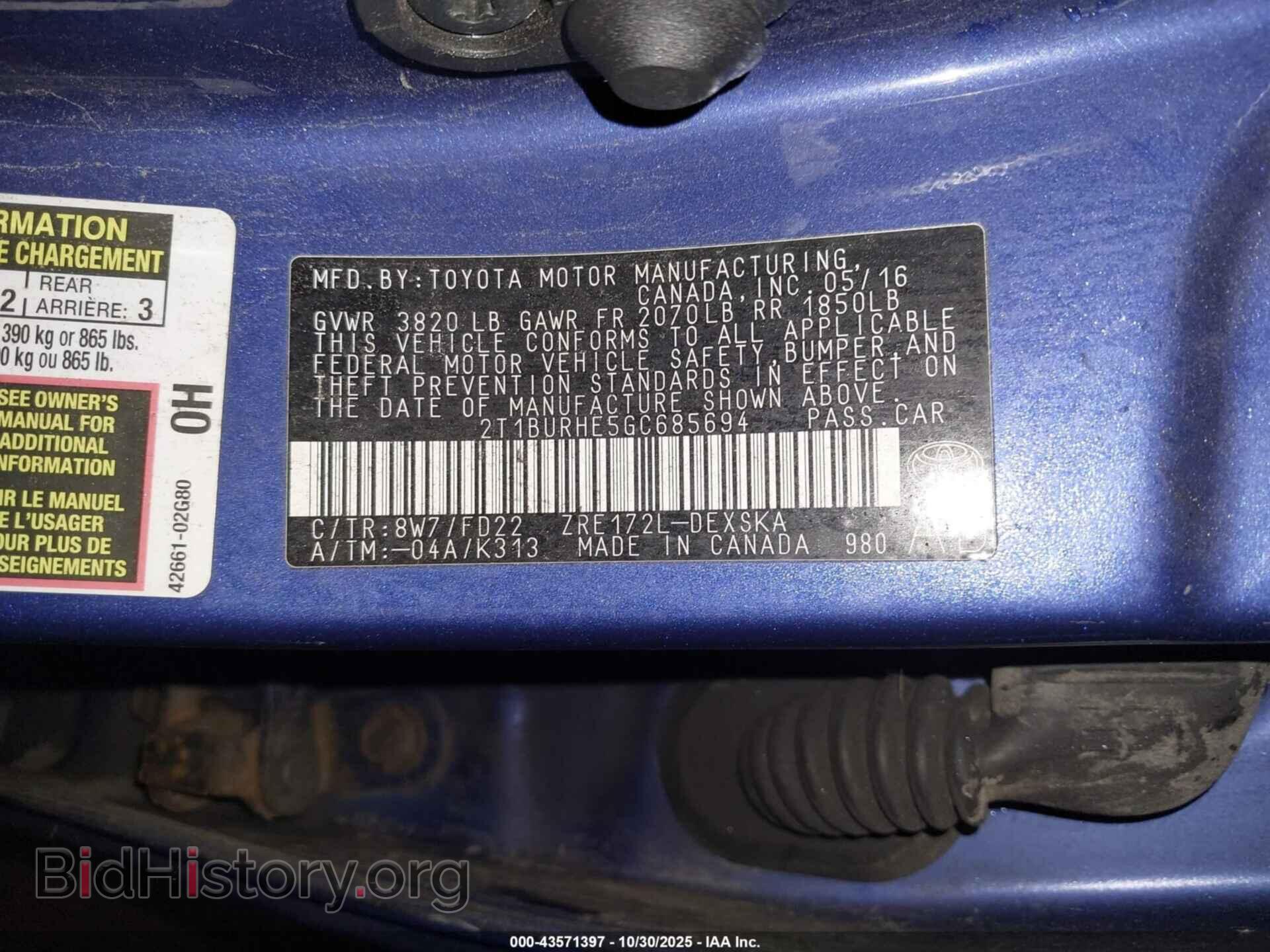 2016 TOYOTA COROLLA - VIN: 2T1BURHE5GC685694 - Фото 9