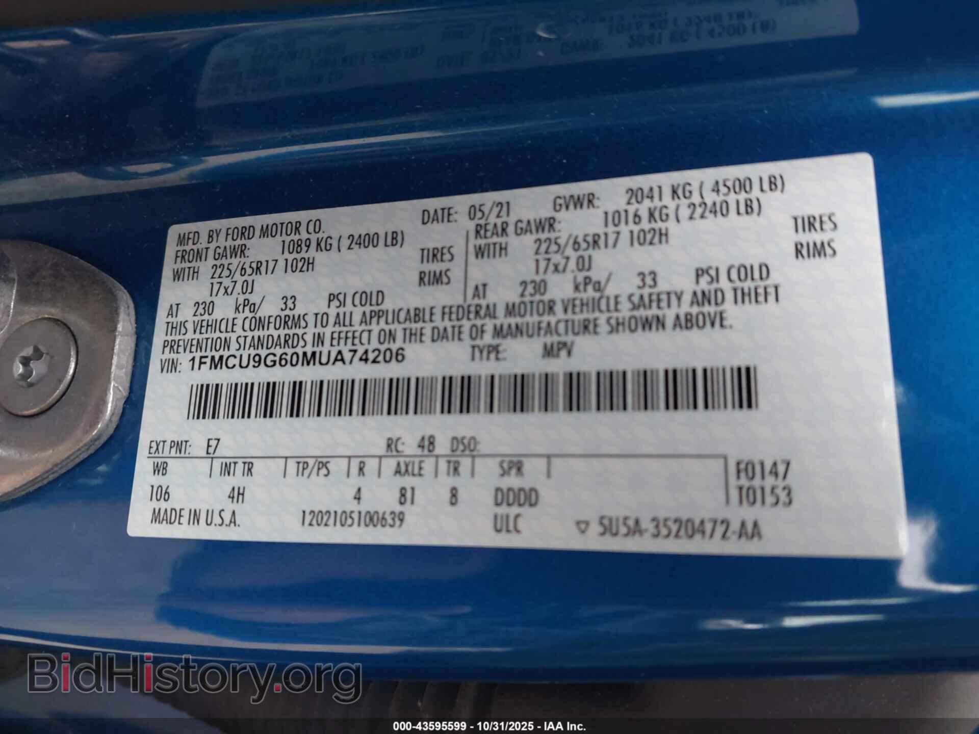 2021 FORD ESCAPE - VIN: 1FMCU9G60MUA74206 - Фото 9