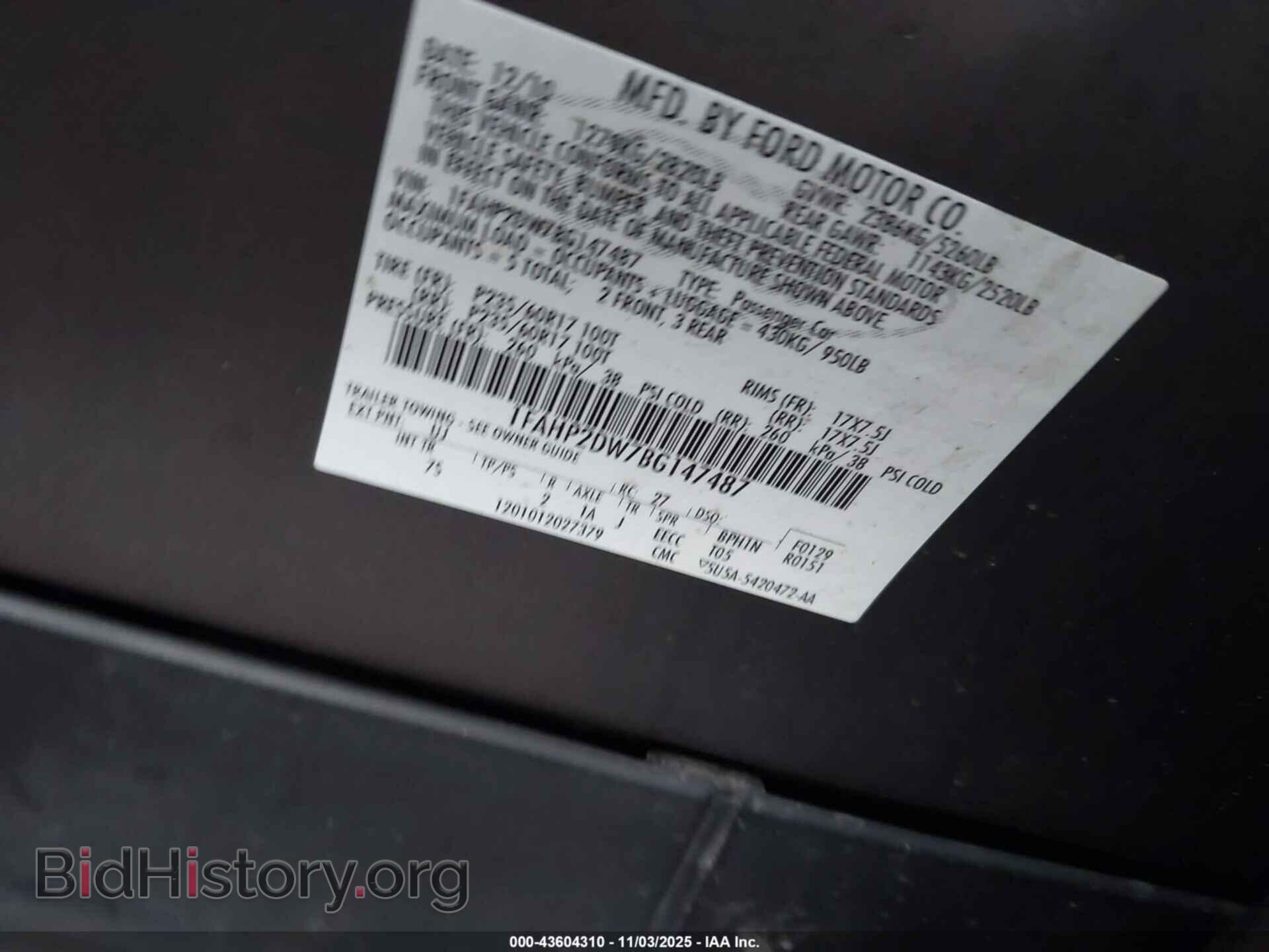 2011 FORD TAURUS - VIN: 1FAHP2DW7BG147487 - Photo 9