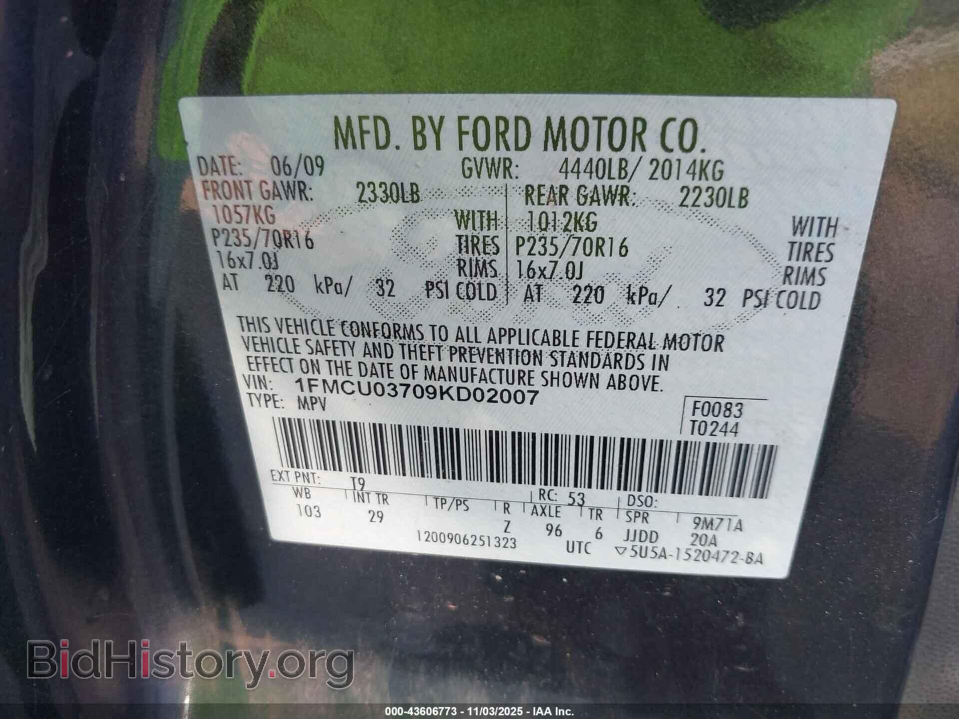 2009 FORD ESCAPE - VIN: 1FMCU03709KD02007 - Фото 9