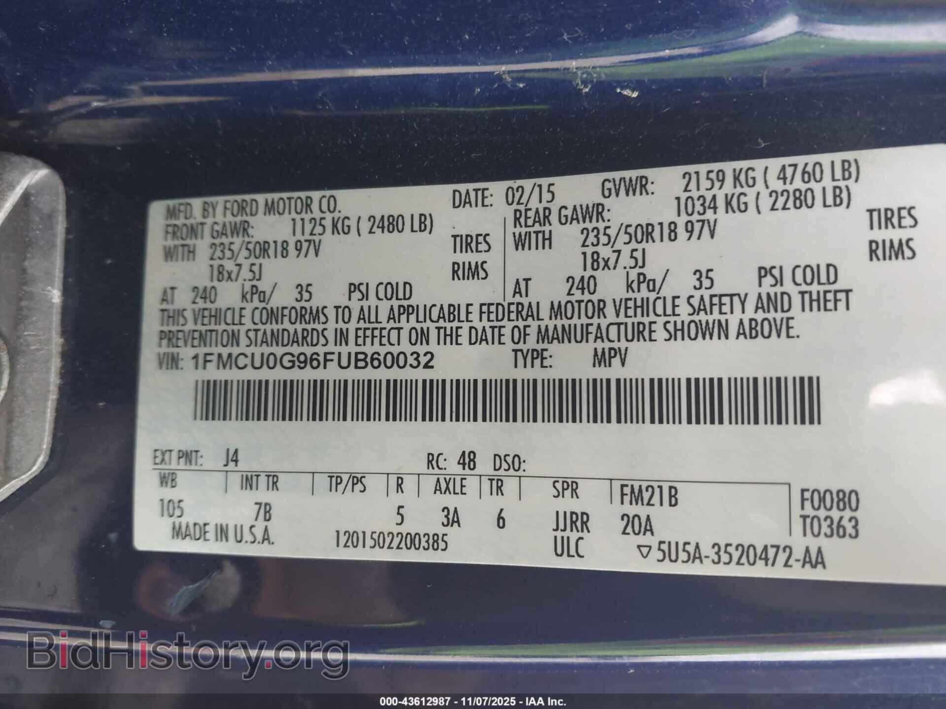 2015 FORD ESCAPE - VIN: 1FMCU0G96FUB60032 - Фото 9