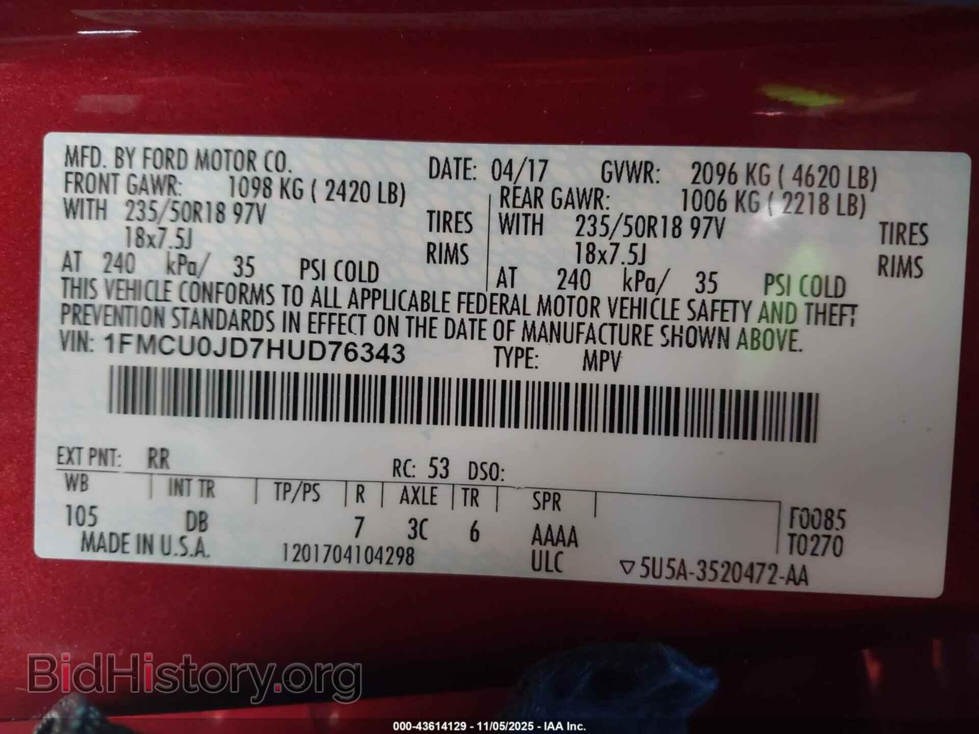 2017 FORD ESCAPE - VIN: 1FMCU0JD7HUD76343 - Фото 9