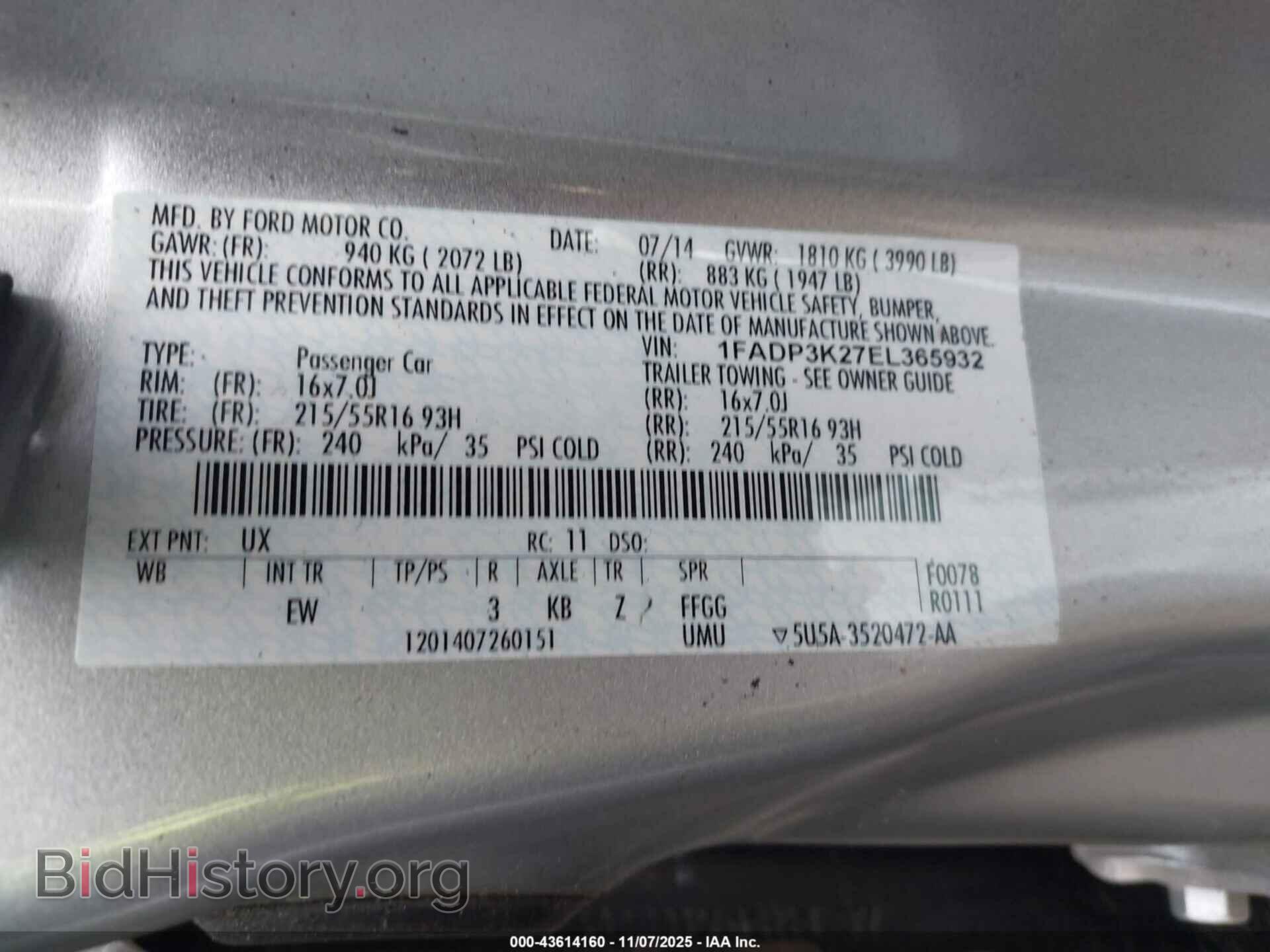 2014 FORD FOCUS - VIN: 1FADP3K27EL365932 - Фото 9