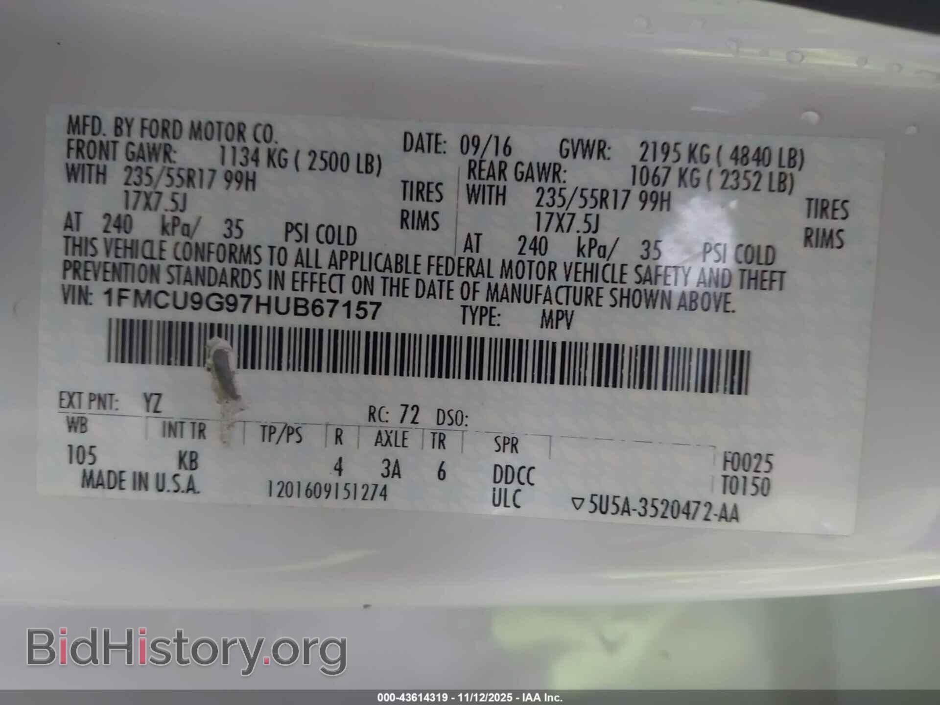 2017 FORD ESCAPE - VIN: 1FMCU9G97HUB67157 - Фото 9