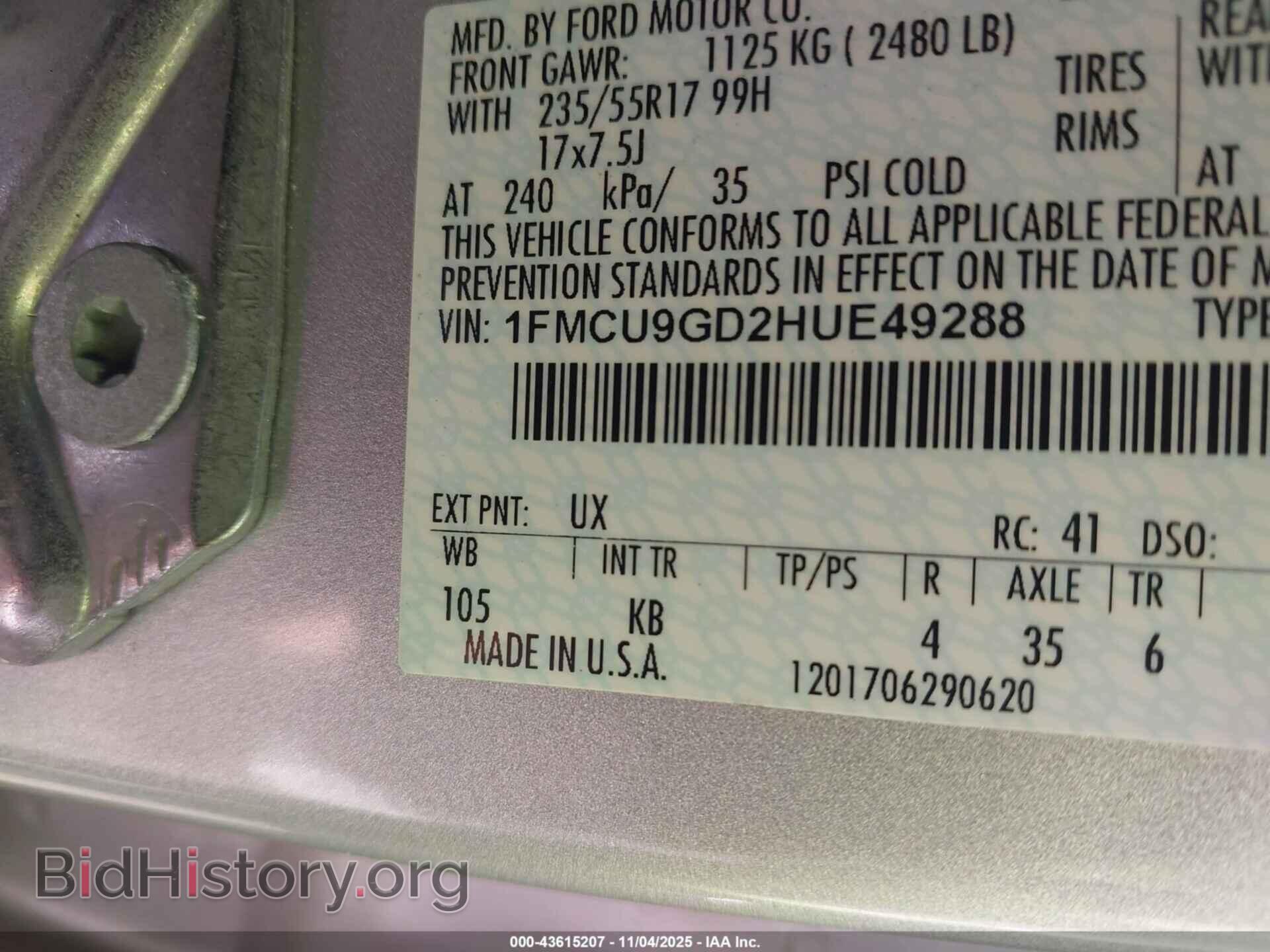 2017 FORD ESCAPE - VIN: 1FMCU9GD2HUE49288 - Фото 9
