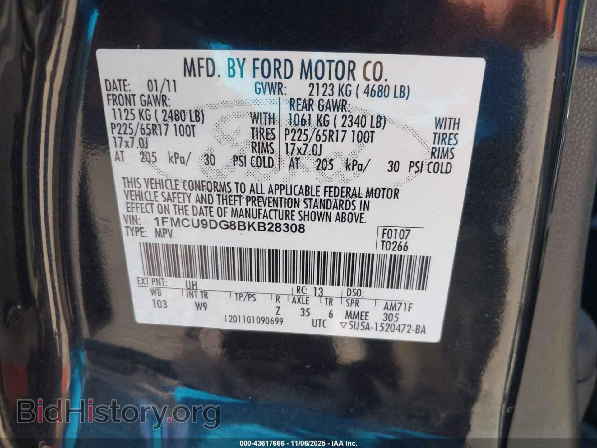 2011 FORD ESCAPE - VIN: 1FMCU9DG8BKB28308 - Фото 9