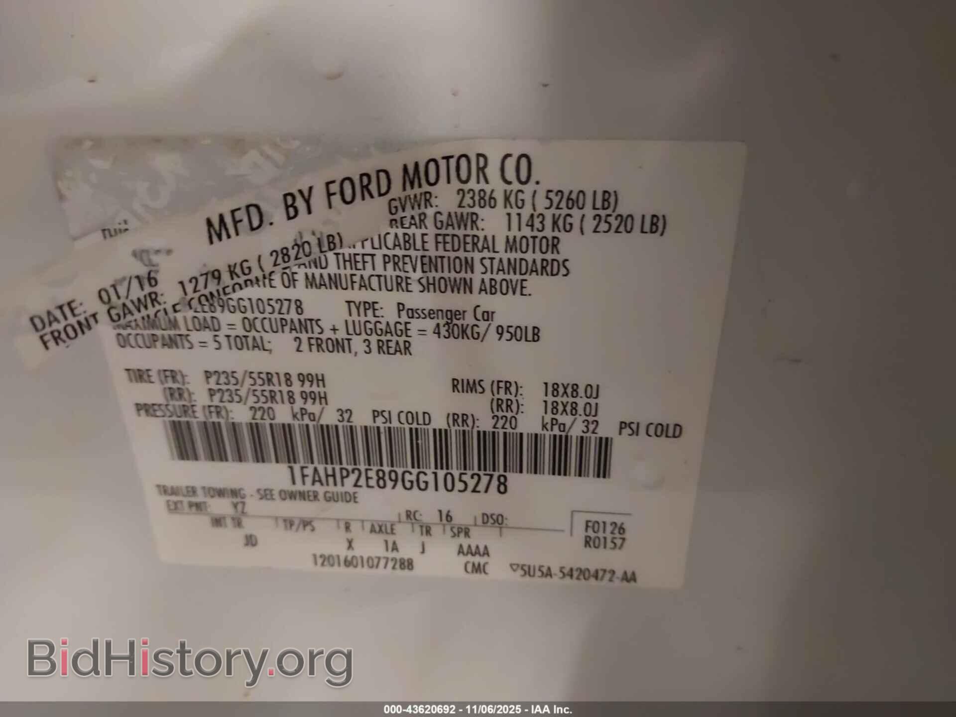 2016 FORD TAURUS - VIN: 1FAHP2E89GG105278 - Фото 9