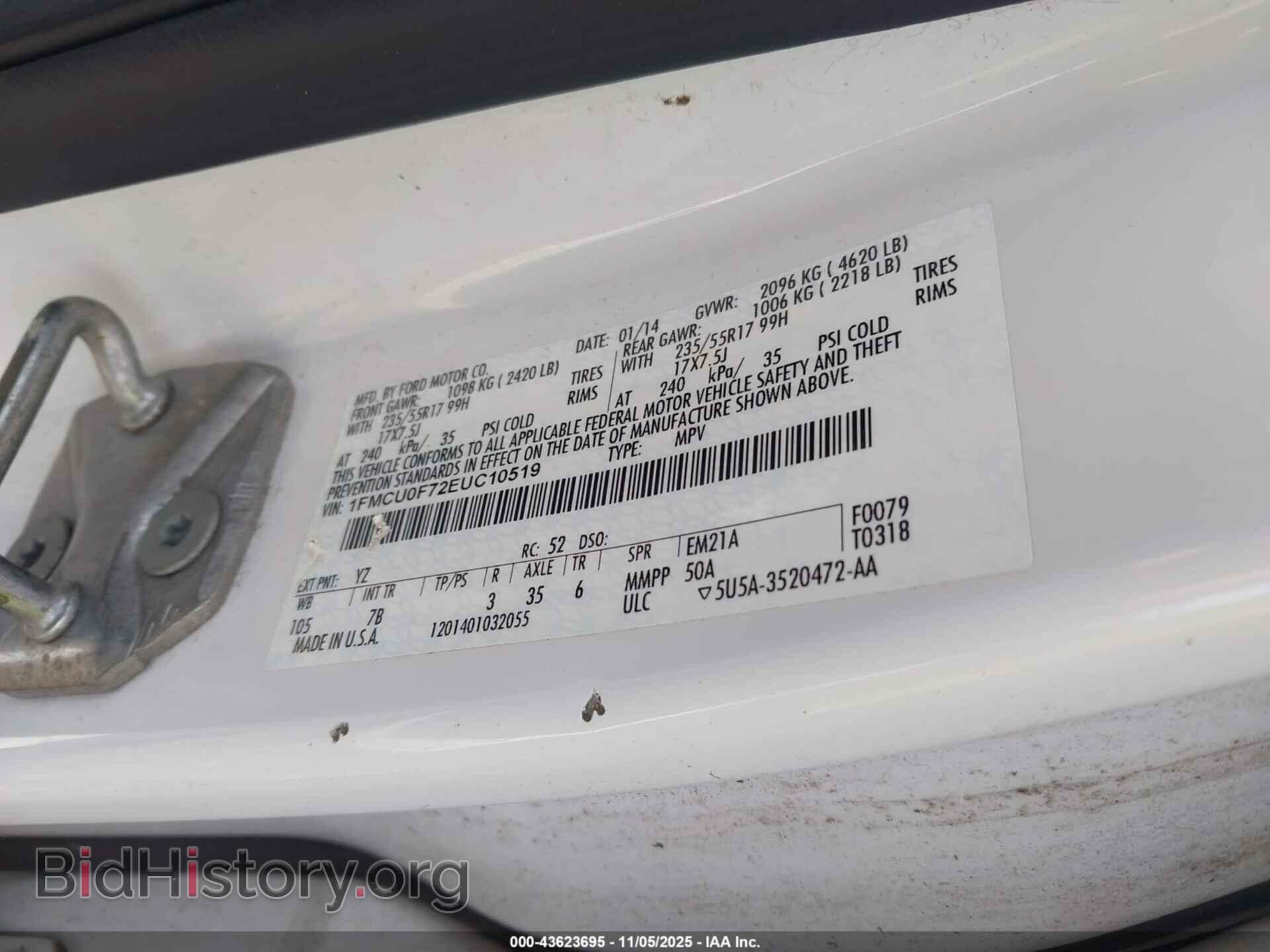 2014 FORD ESCAPE - VIN: 1FMCU0F72EUC10519 - Фото 9