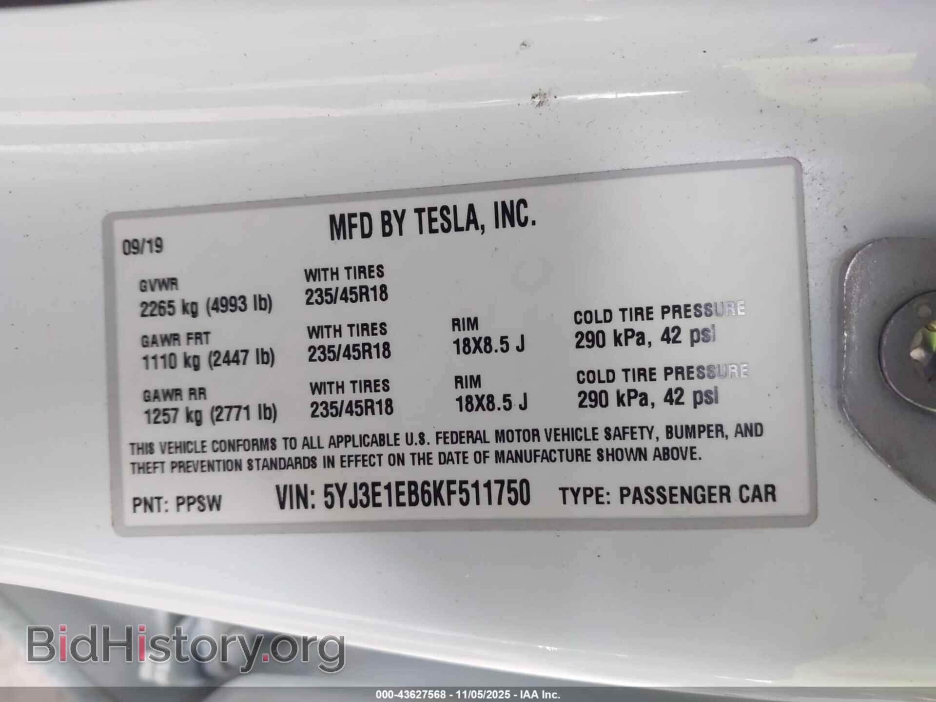 2019 TESLA MODEL 3 - VIN: 5YJ3E1EB6KF511750 - Фото 9