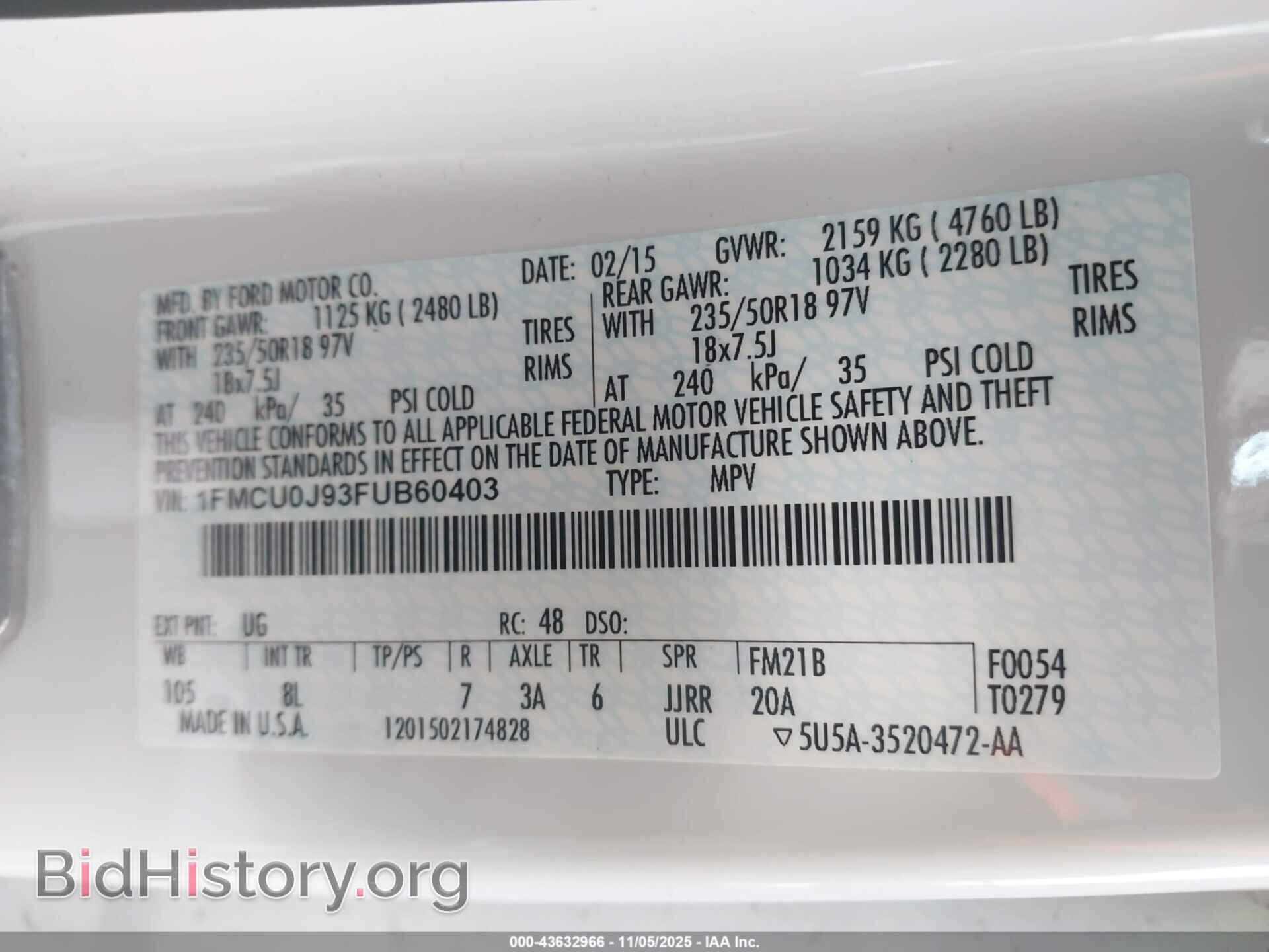 2015 FORD ESCAPE - VIN: 1FMCU0J93FUB60403 - Фото 9