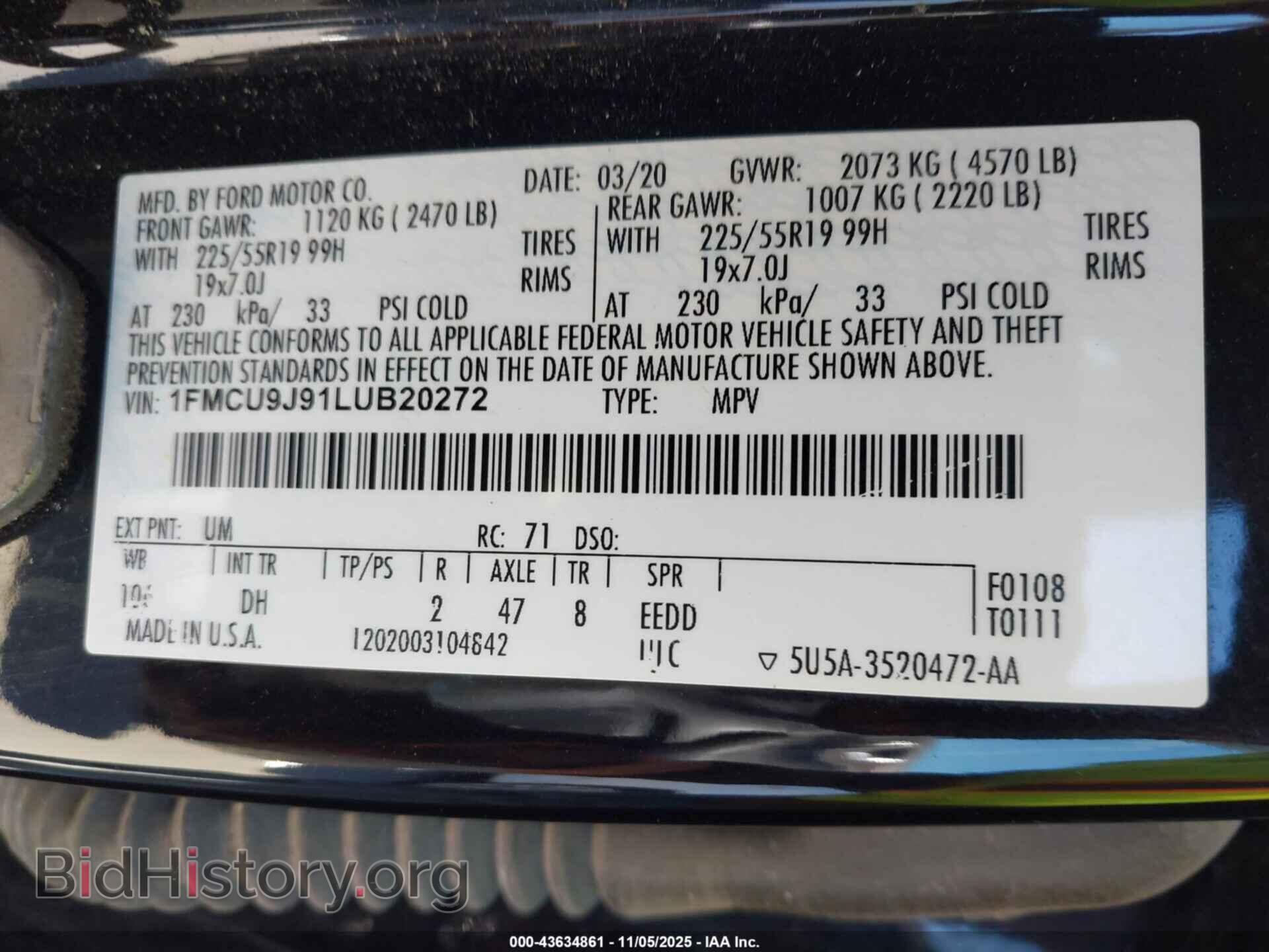 2020 FORD ESCAPE - VIN: 1FMCU9J91LUB20272 - Фото 9