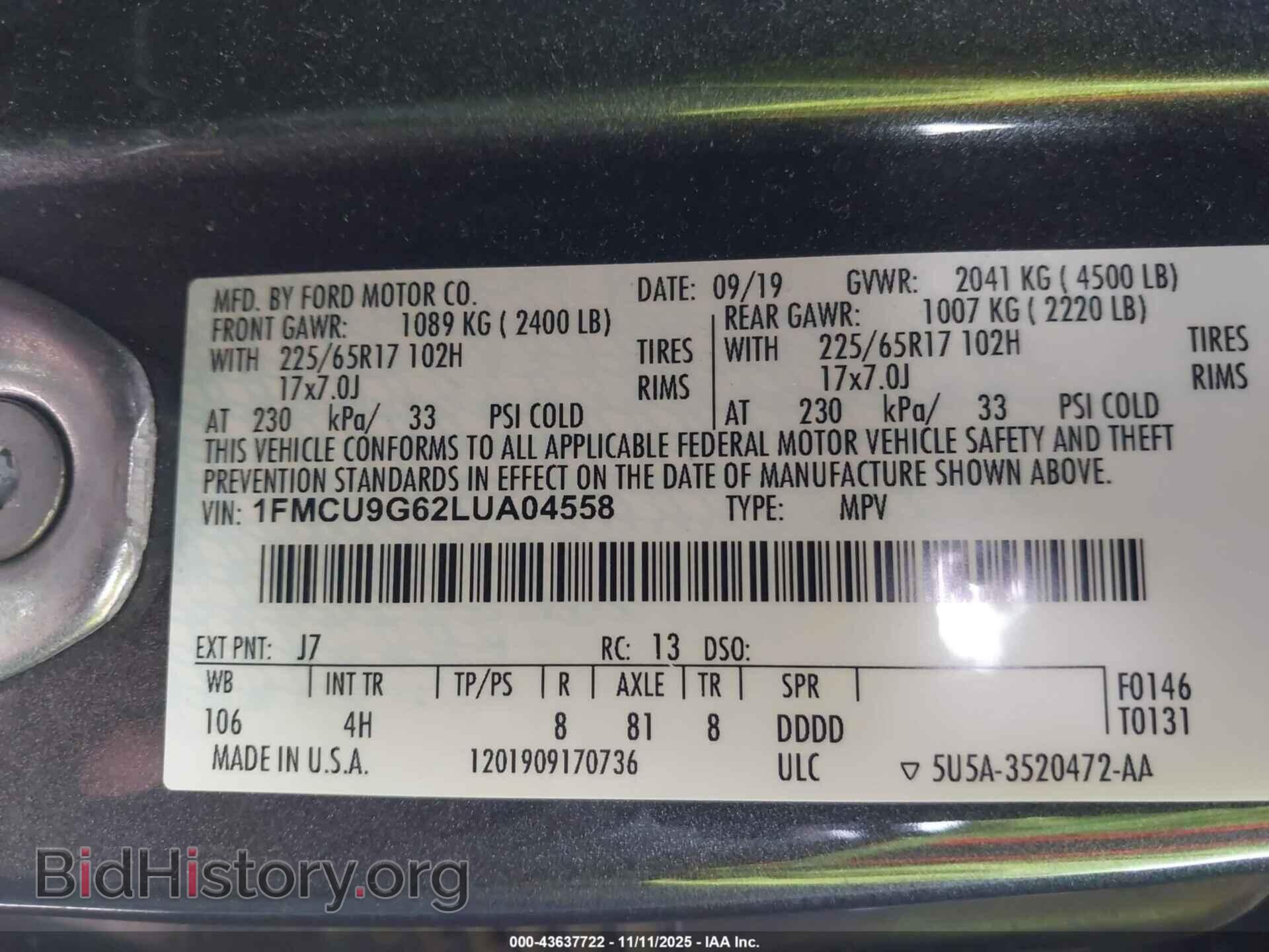 2020 FORD ESCAPE - VIN: 1FMCU9G62LUA04558 - Фото 9