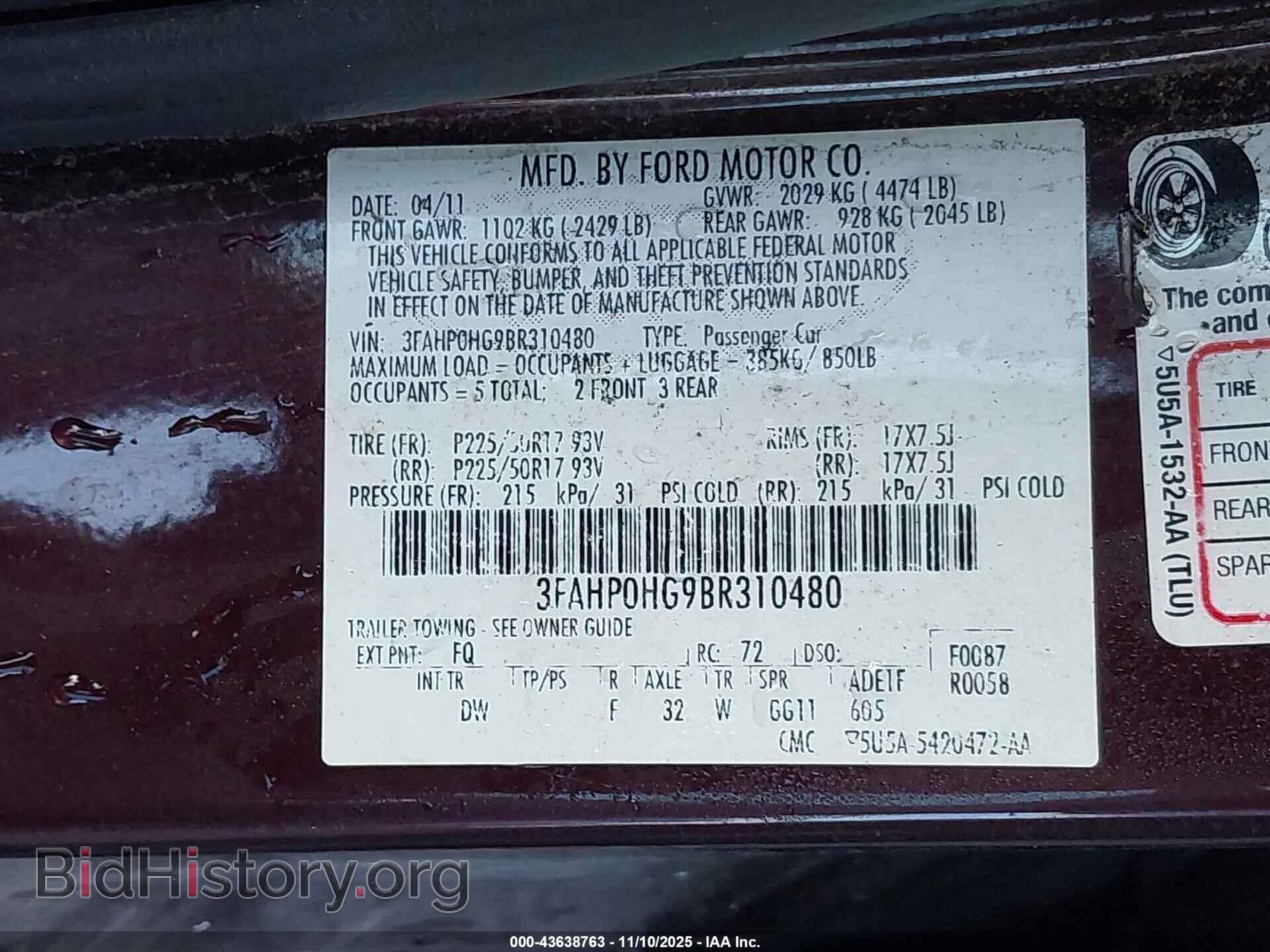 2011 FORD FUSION - VIN: 3FAHP0HG9BR310480 - Фото 9