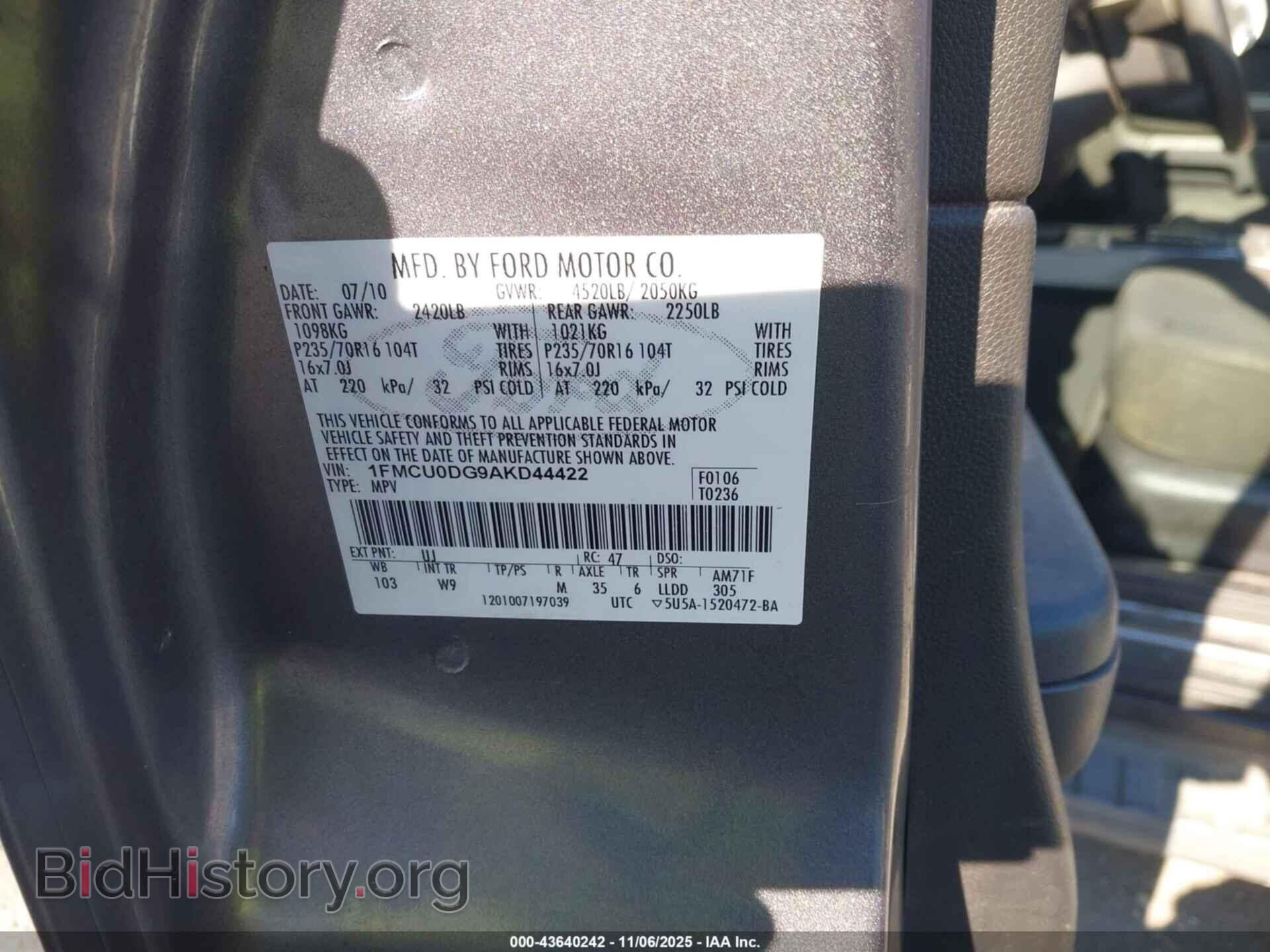2010 FORD ESCAPE - VIN: 1FMCU0DG9AKD44422 - Фото 9