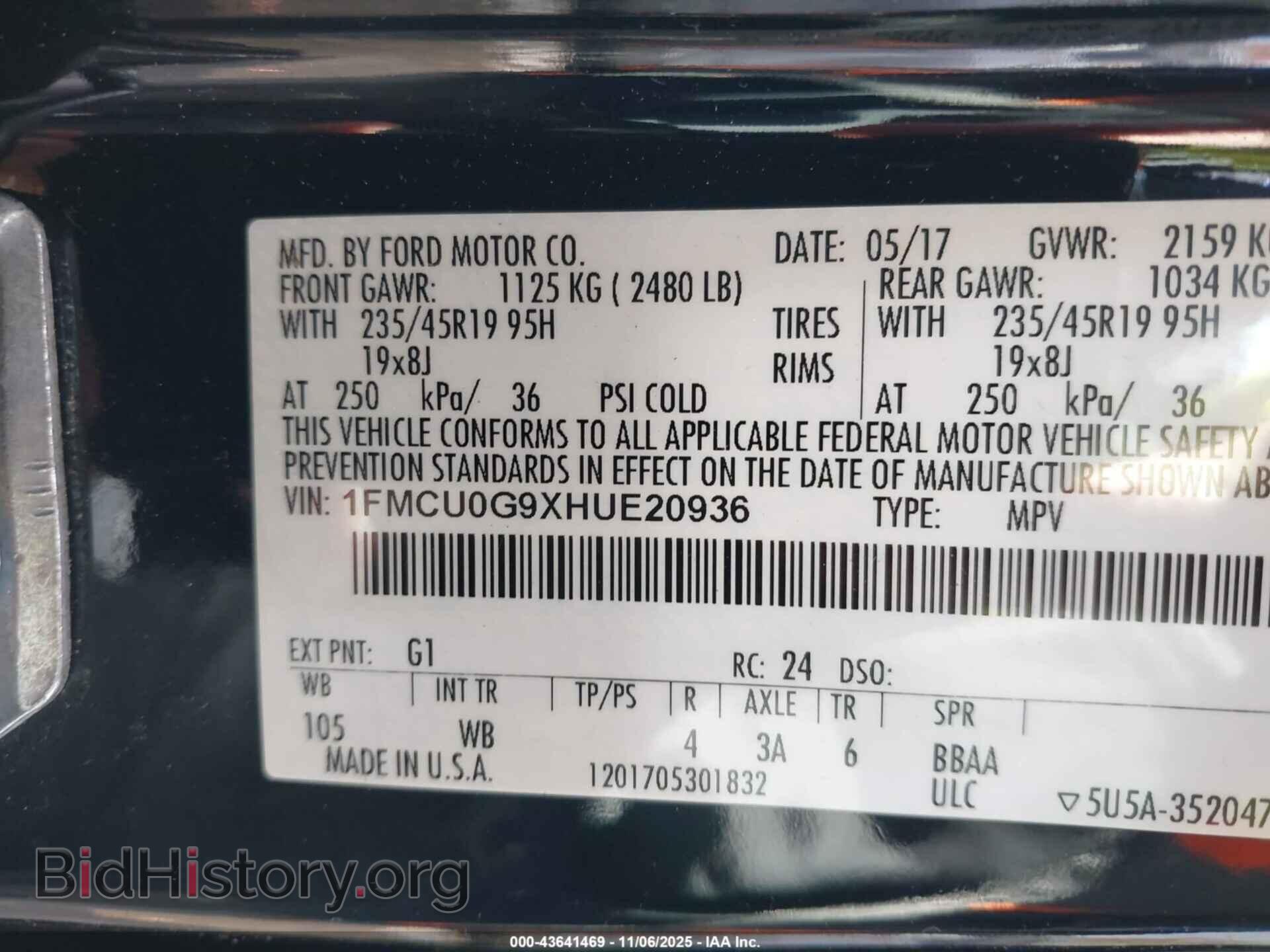 2017 FORD ESCAPE - VIN: 1FMCU0G9XHUE20936 - Фото 9