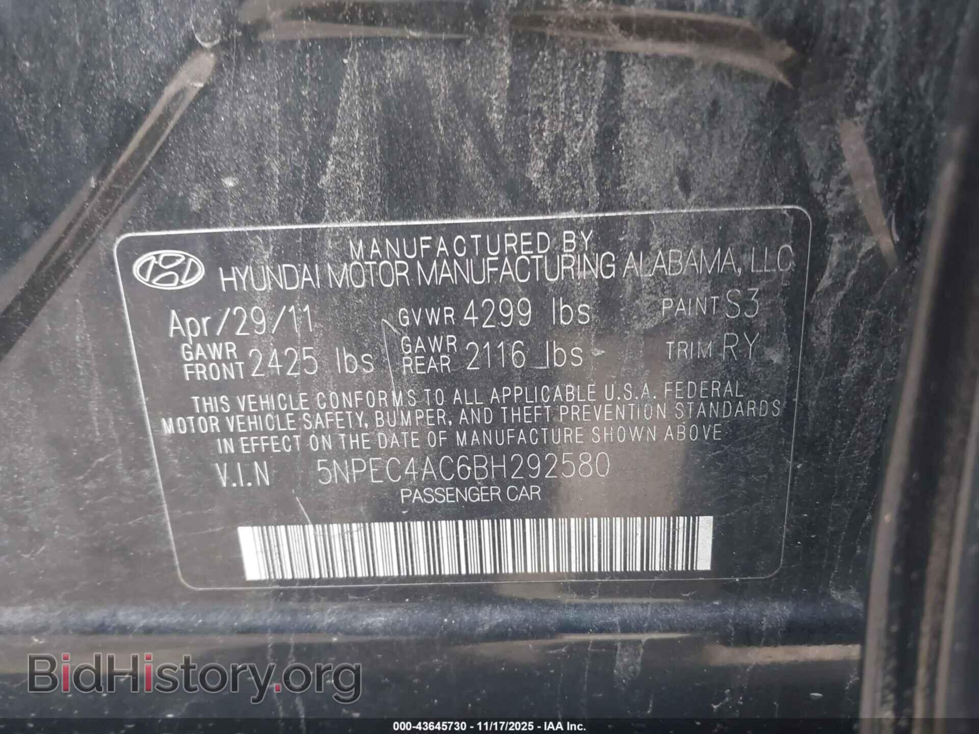 2011 HYUNDAI SONATA - VIN: 5NPEC4AC6BH292580 - Фото 9
