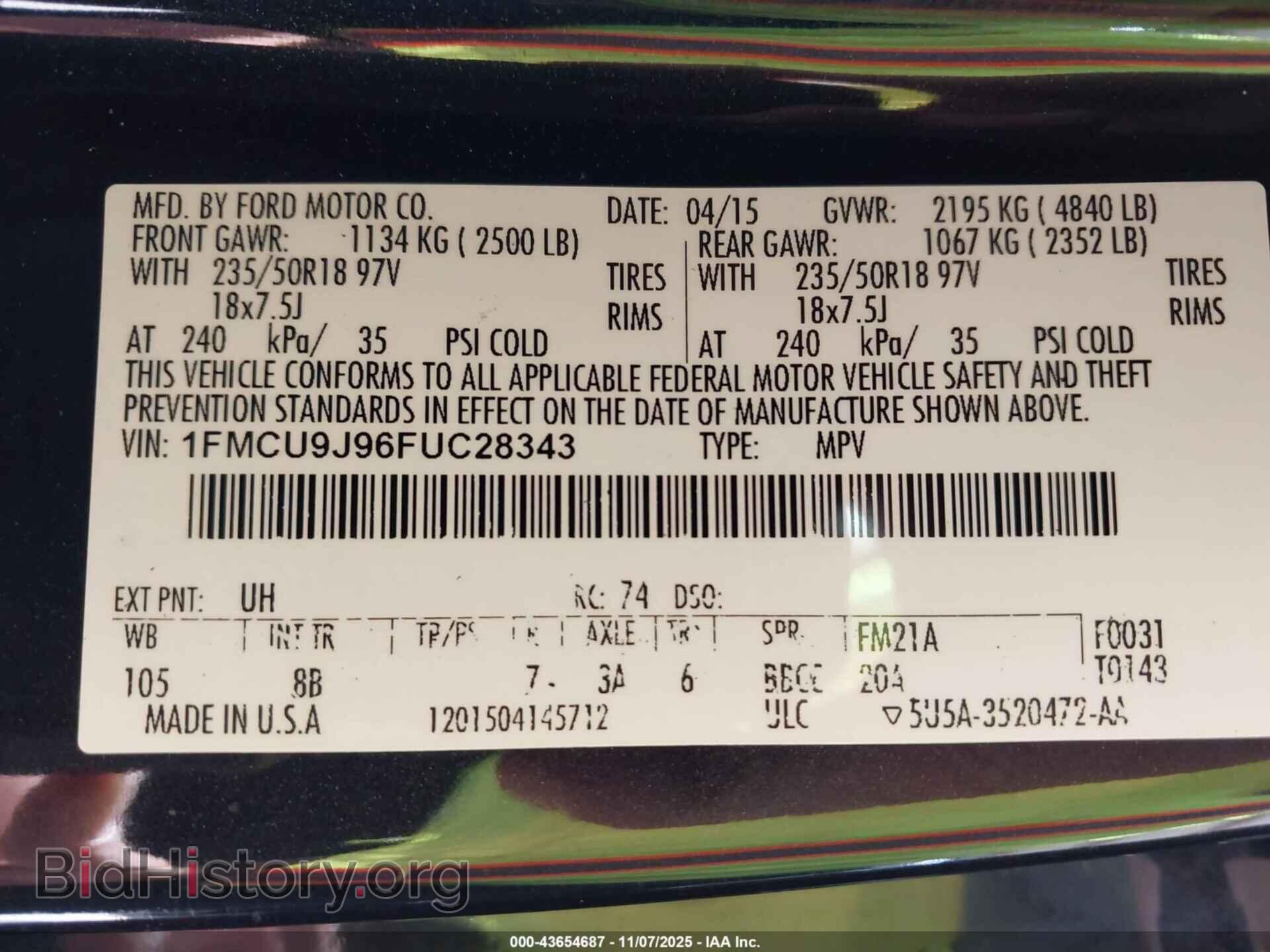2015 FORD ESCAPE - VIN: 1FMCU9J96FUC28343 - Фото 9